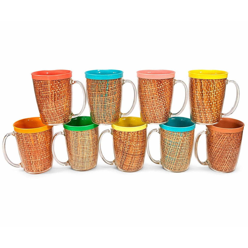 Coffee Mugs Raffiaware Thermal Insulated Melmac Burlap 4.5” Pastels MCM Set of 9 Clear Handle Tiki Barware Serveware Mid Century Kitchen