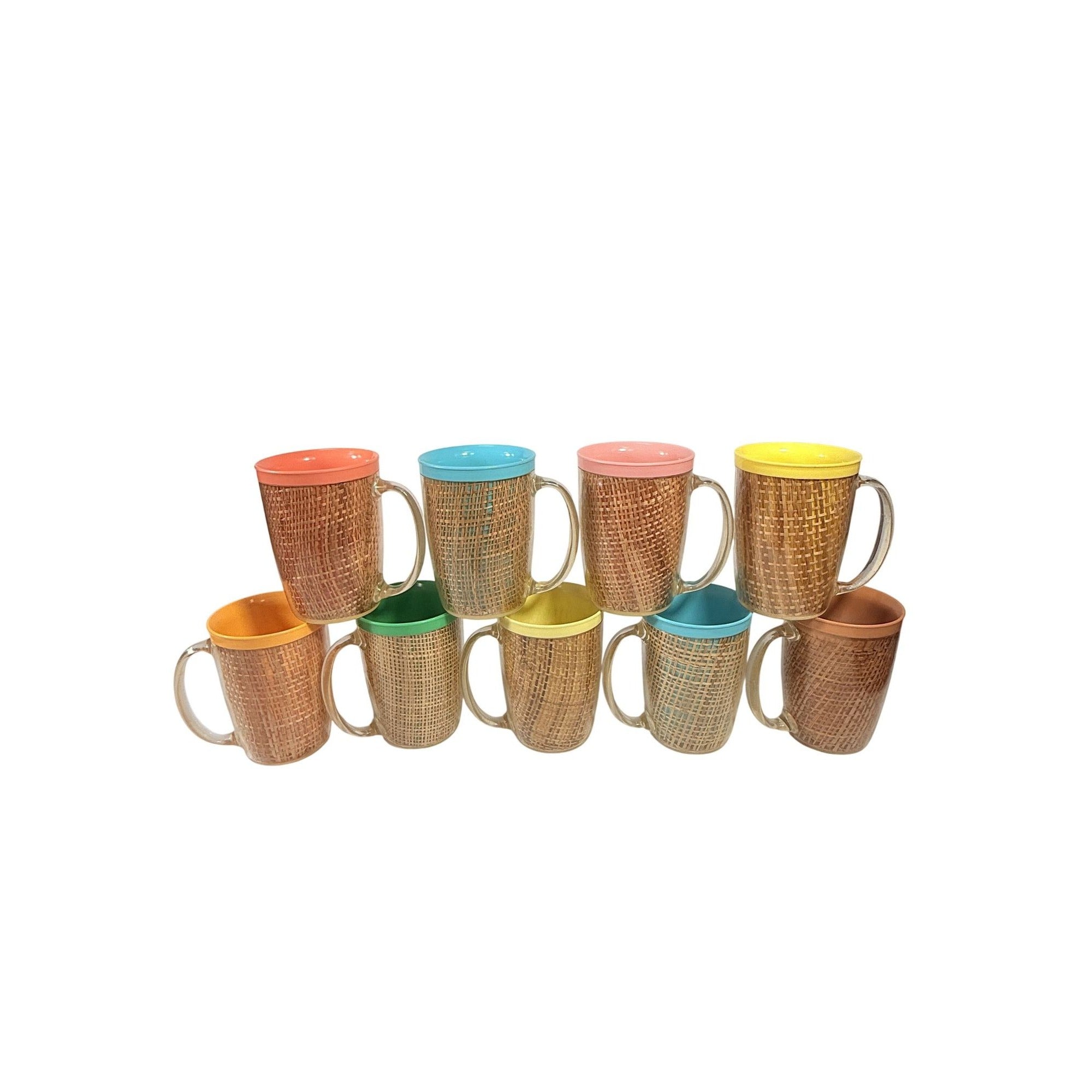 Coffee Mugs Raffiaware Thermal Insulated Melmac Burlap 4.5” Pastels MCM Set of 9 Clear Handle Tiki Barware Serveware Mid Century Kitchen