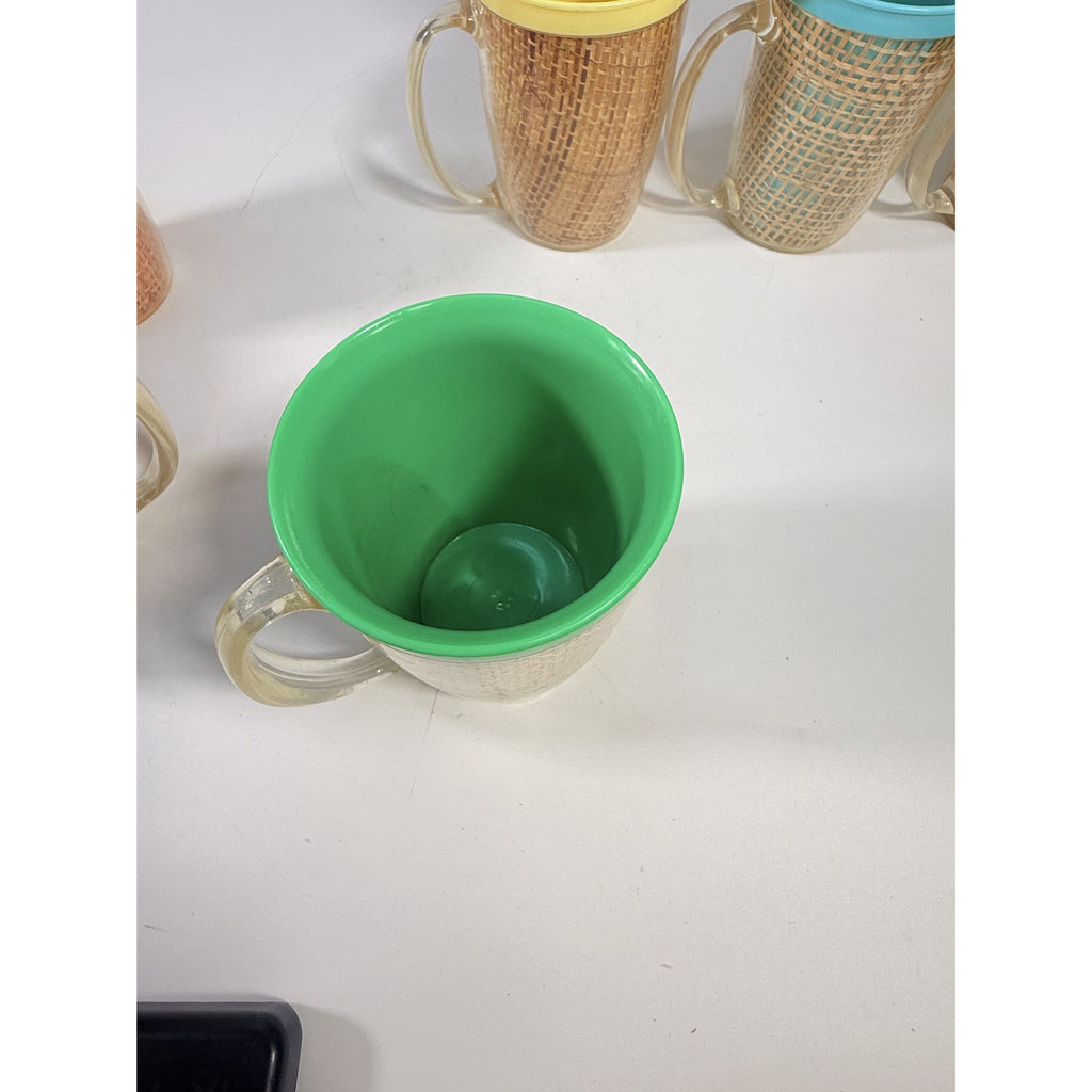 Coffee Mugs Raffiaware Thermal Insulated Melmac Burlap 4.5” Pastels MCM Set of 9 Clear Handle Tiki Barware Serveware Mid Century Kitchen
