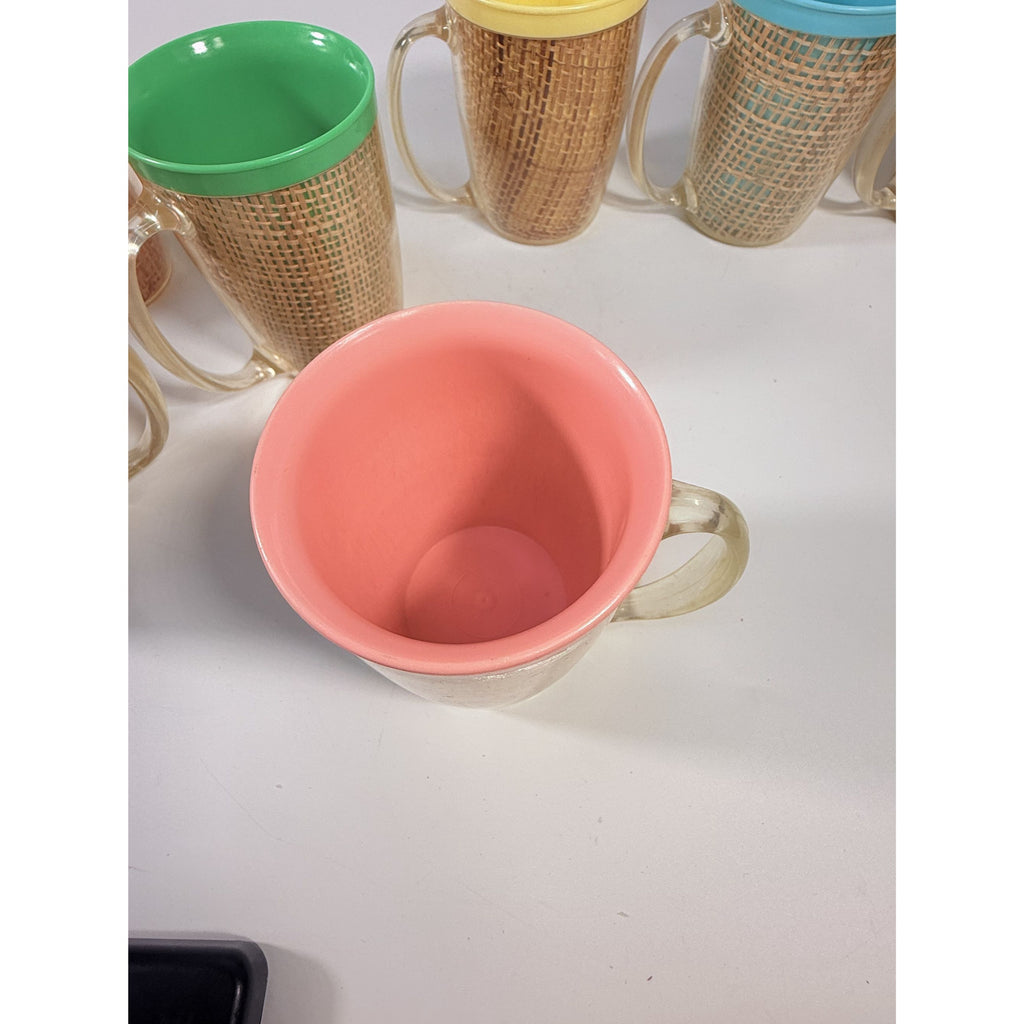 Coffee Mugs Raffiaware Thermal Insulated Melmac Burlap 4.5” Pastels MCM Set of 9 Clear Handle Tiki Barware Serveware Mid Century Kitchen