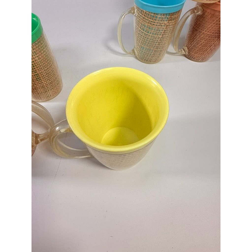Coffee Mugs Raffiaware Thermal Insulated Melmac Burlap 4.5” Pastels MCM Set of 9 Clear Handle Tiki Barware Serveware Mid Century Kitchen