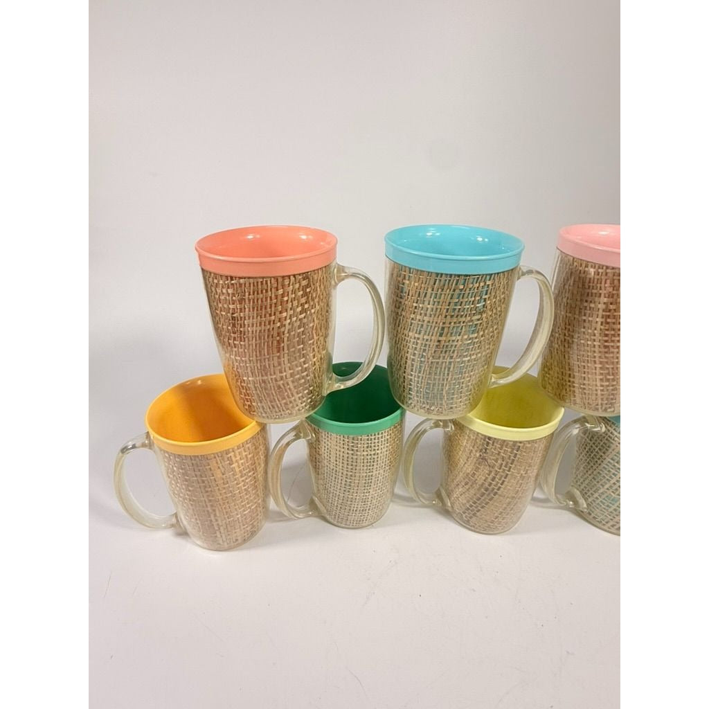 Coffee Mugs Raffiaware Thermal Insulated Melmac Burlap 4.5” Pastels MCM Set of 9 Clear Handle Tiki Barware Serveware Mid Century Kitchen