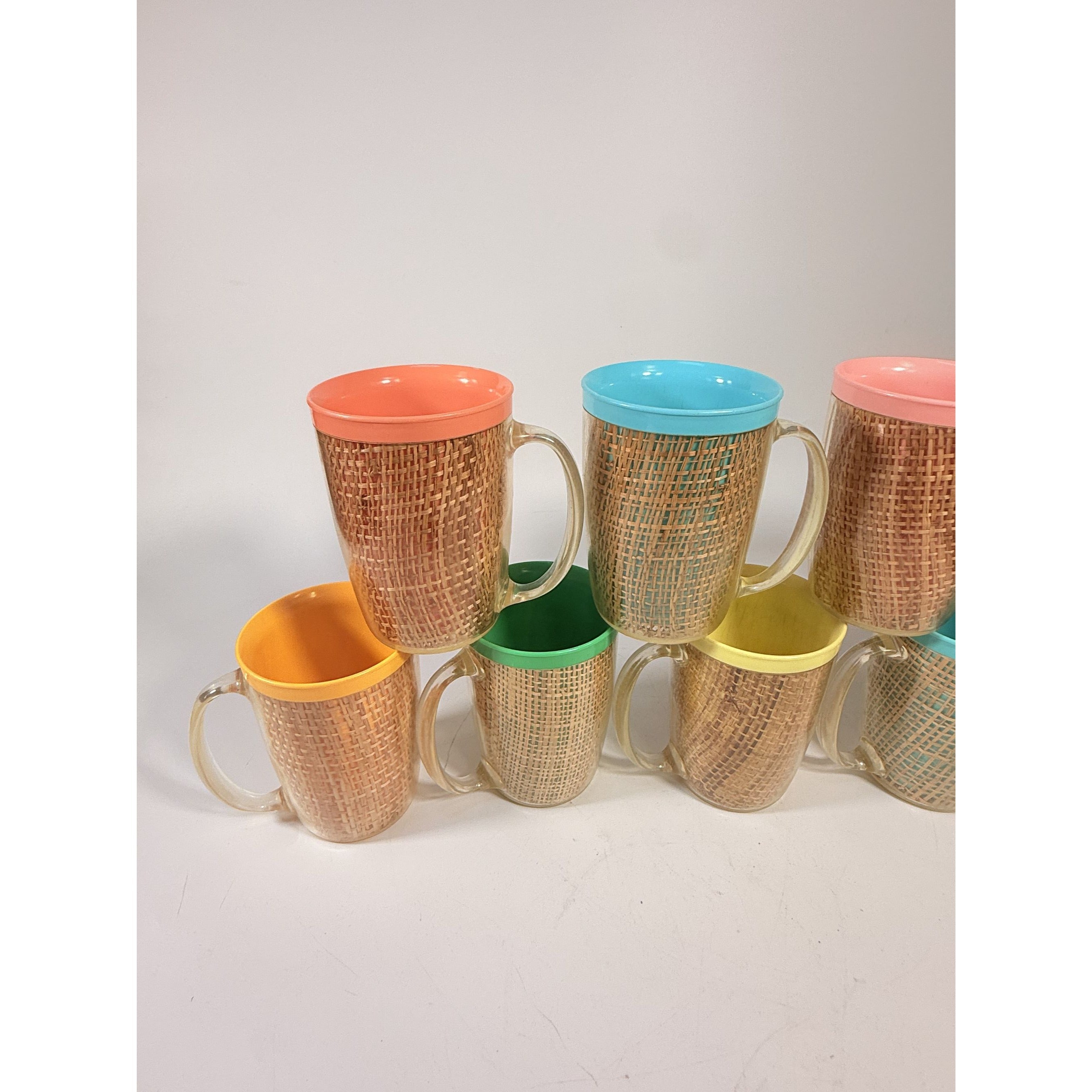 Coffee Mugs Raffiaware Thermal Insulated Melmac Burlap 4.5” Pastels MCM Set of 9 Clear Handle Tiki Barware Serveware Mid Century Kitchen