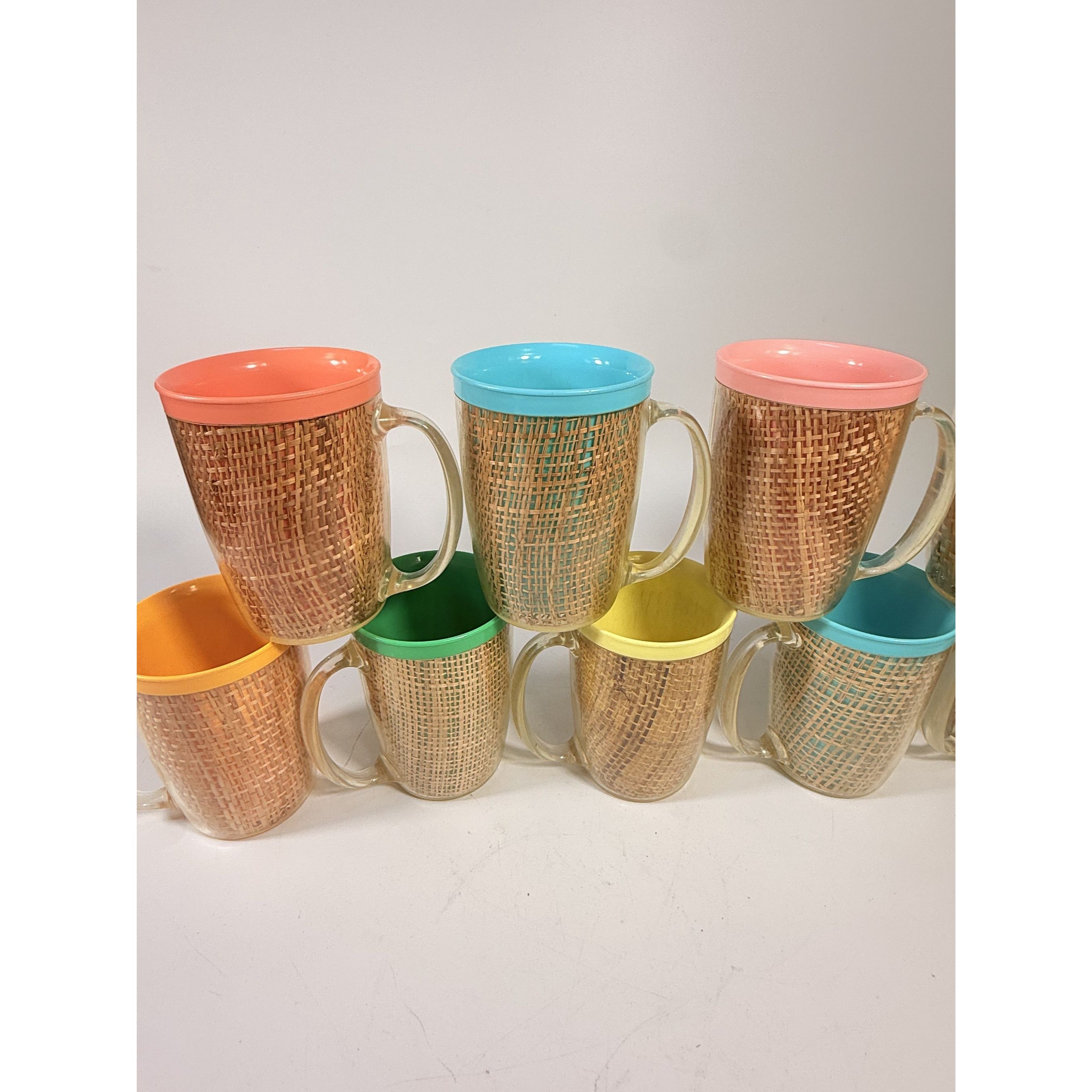 Coffee Mugs Raffiaware Thermal Insulated Melmac Burlap 4.5” Pastels MCM Set of 9 Clear Handle Tiki Barware Serveware Mid Century Kitchen