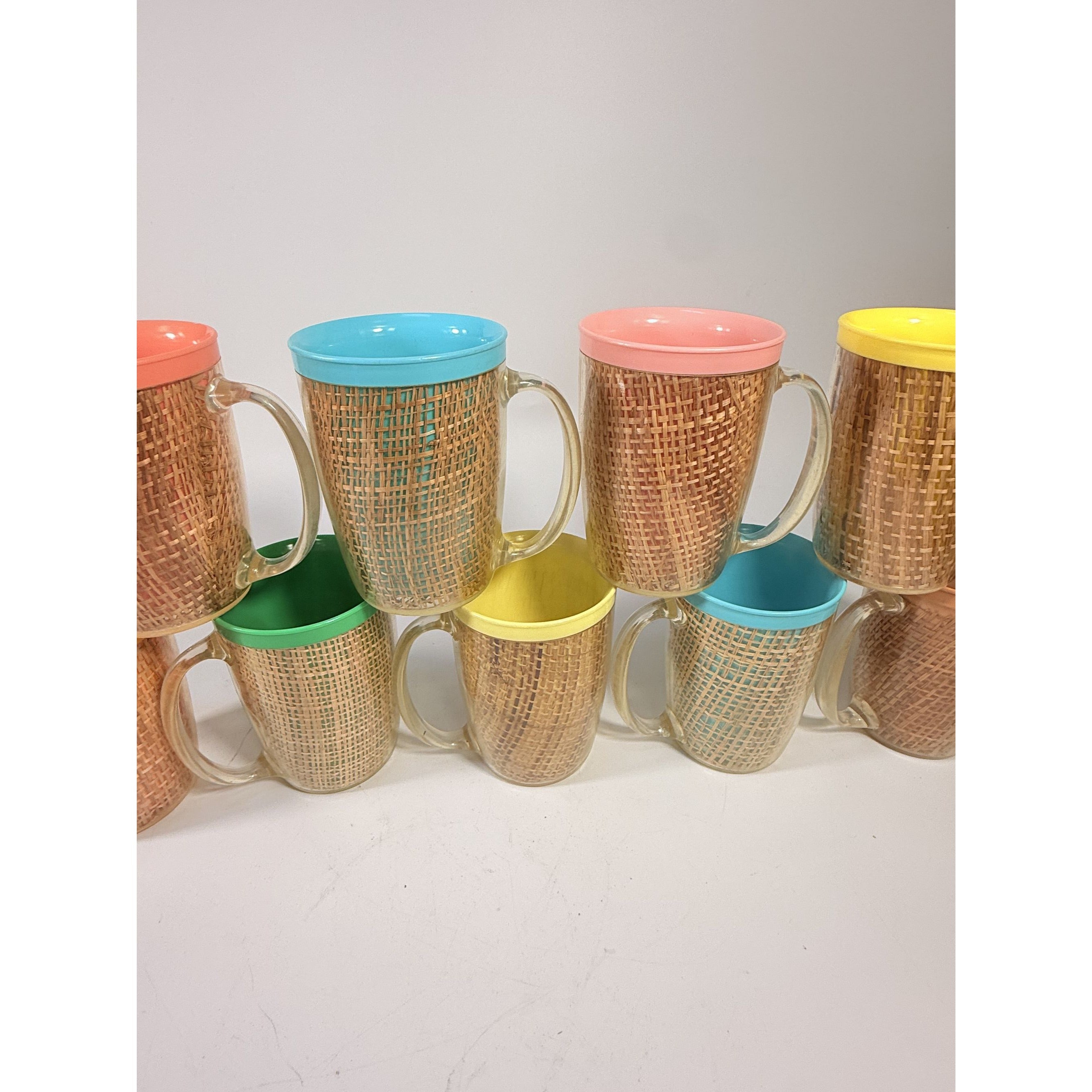 Coffee Mugs Raffiaware Thermal Insulated Melmac Burlap 4.5” Pastels MCM Set of 9 Clear Handle Tiki Barware Serveware Mid Century Kitchen