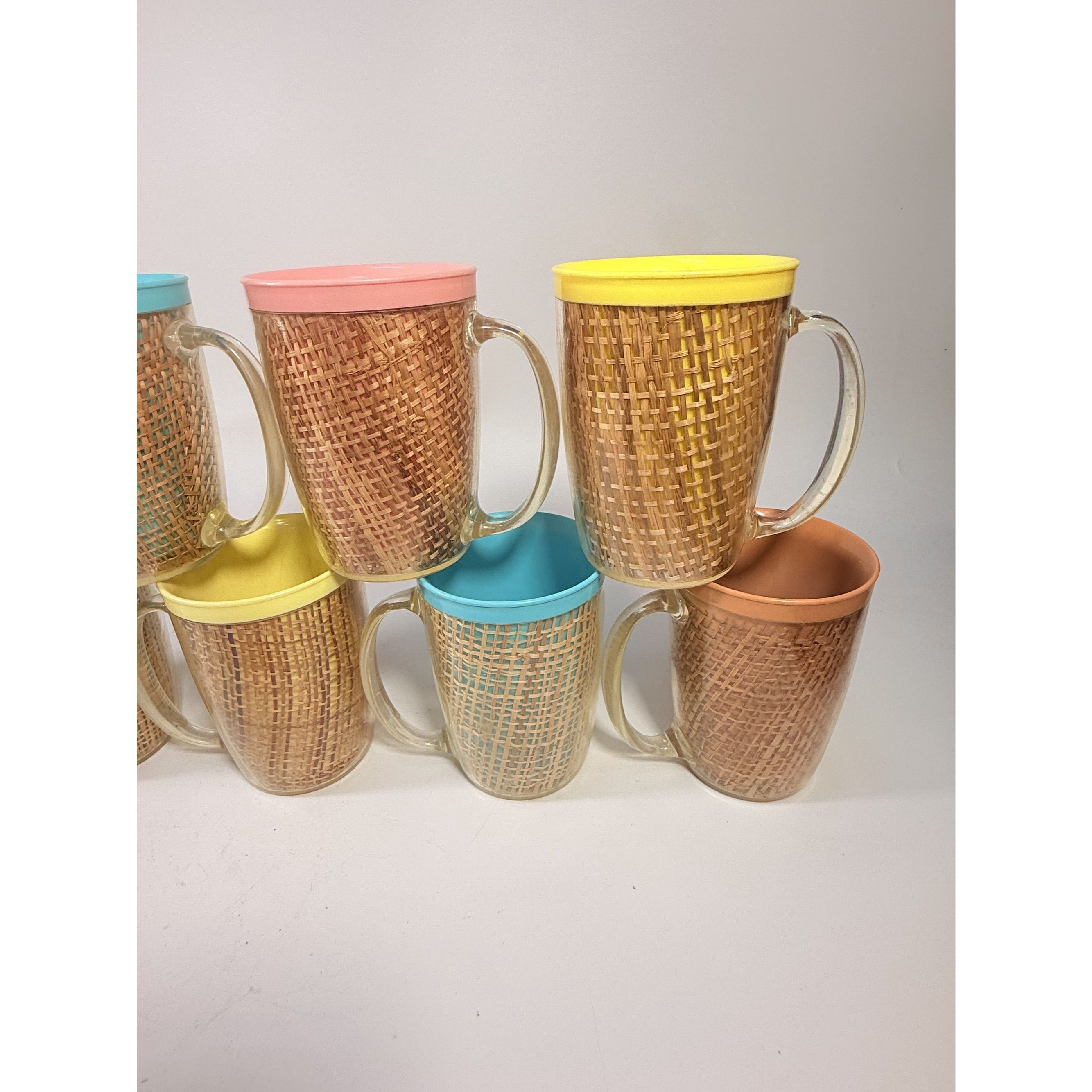Coffee Mugs Raffiaware Thermal Insulated Melmac Burlap 4.5” Pastels MCM Set of 9 Clear Handle Tiki Barware Serveware Mid Century Kitchen