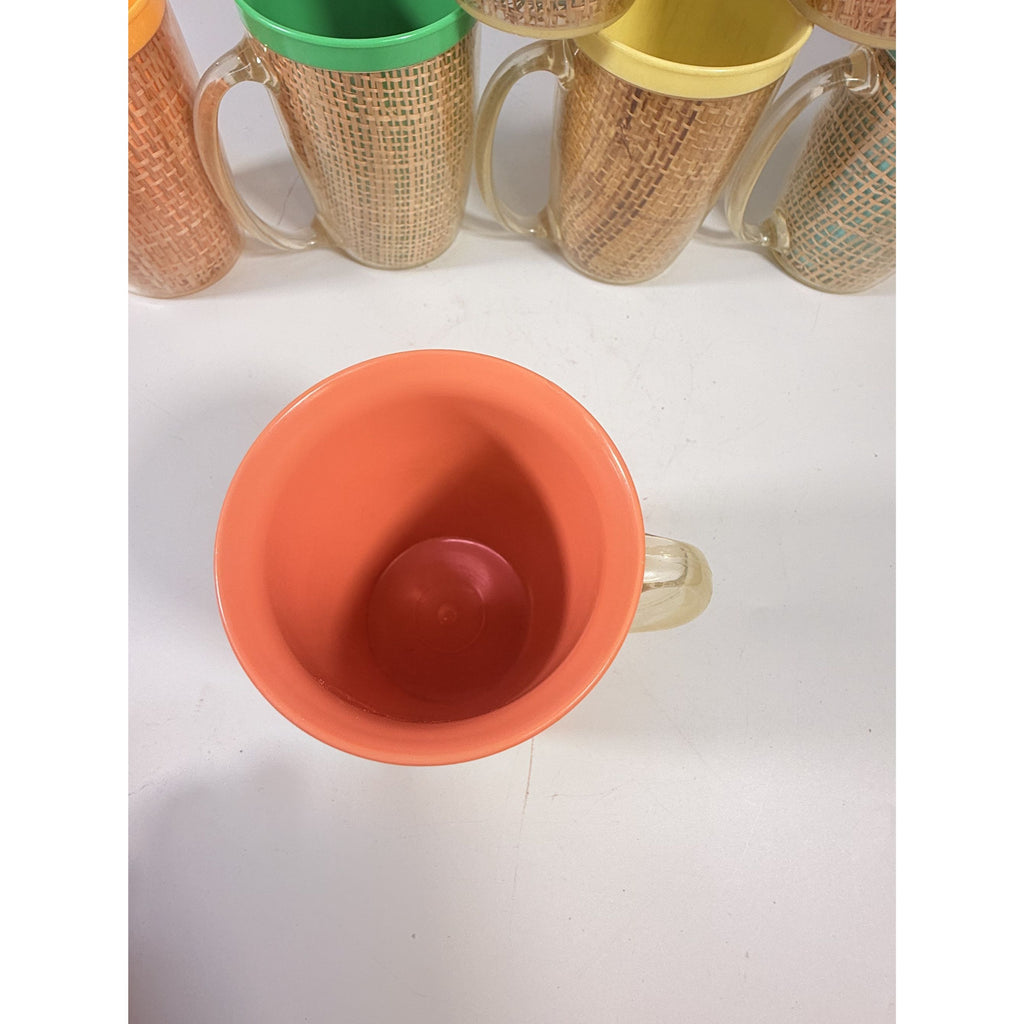 Coffee Mugs Raffiaware Thermal Insulated Melmac Burlap 4.5” Pastels MCM Set of 9 Clear Handle Tiki Barware Serveware Mid Century Kitchen