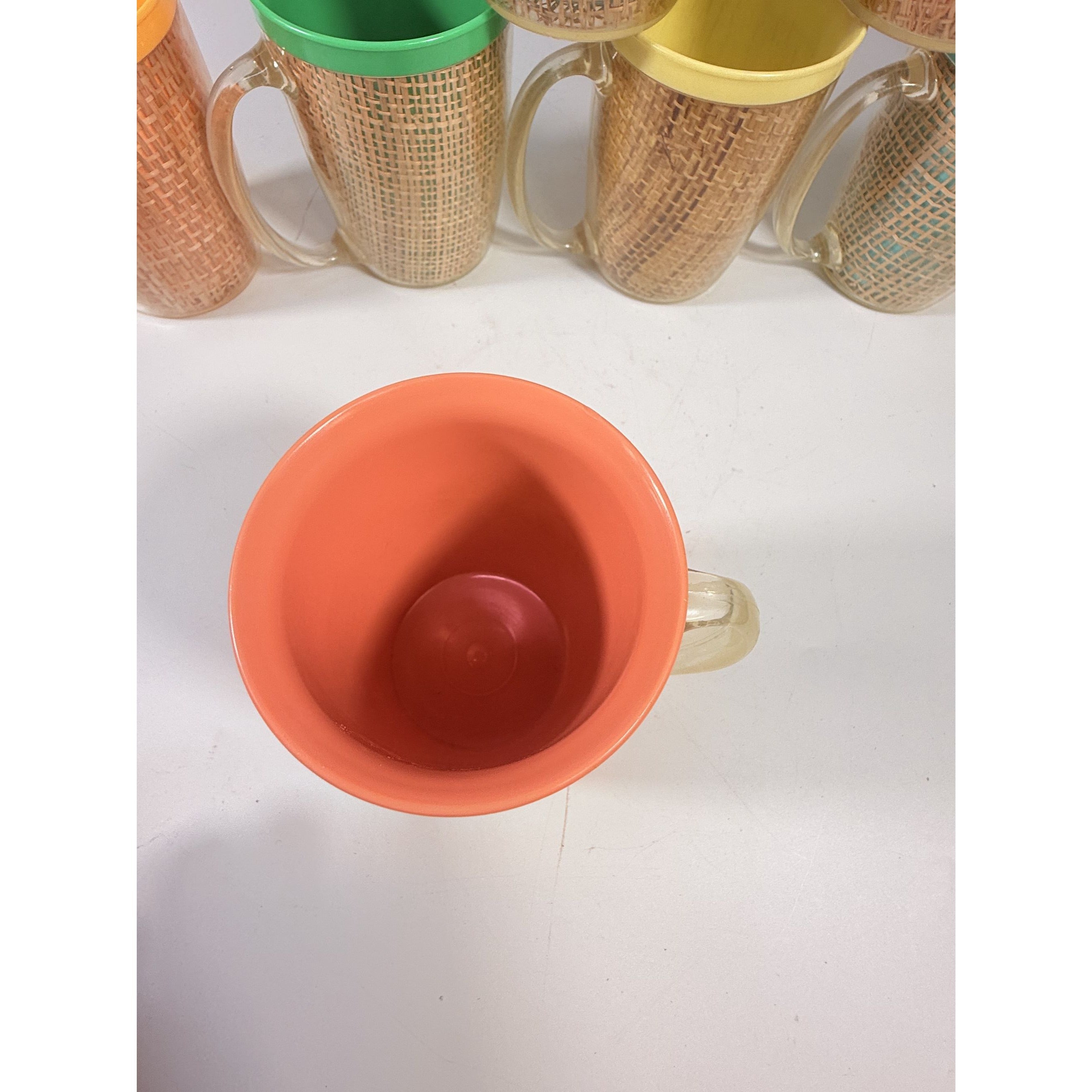 Coffee Mugs Raffiaware Thermal Insulated Melmac Burlap 4.5” Pastels MCM Set of 9 Clear Handle Tiki Barware Serveware Mid Century Kitchen