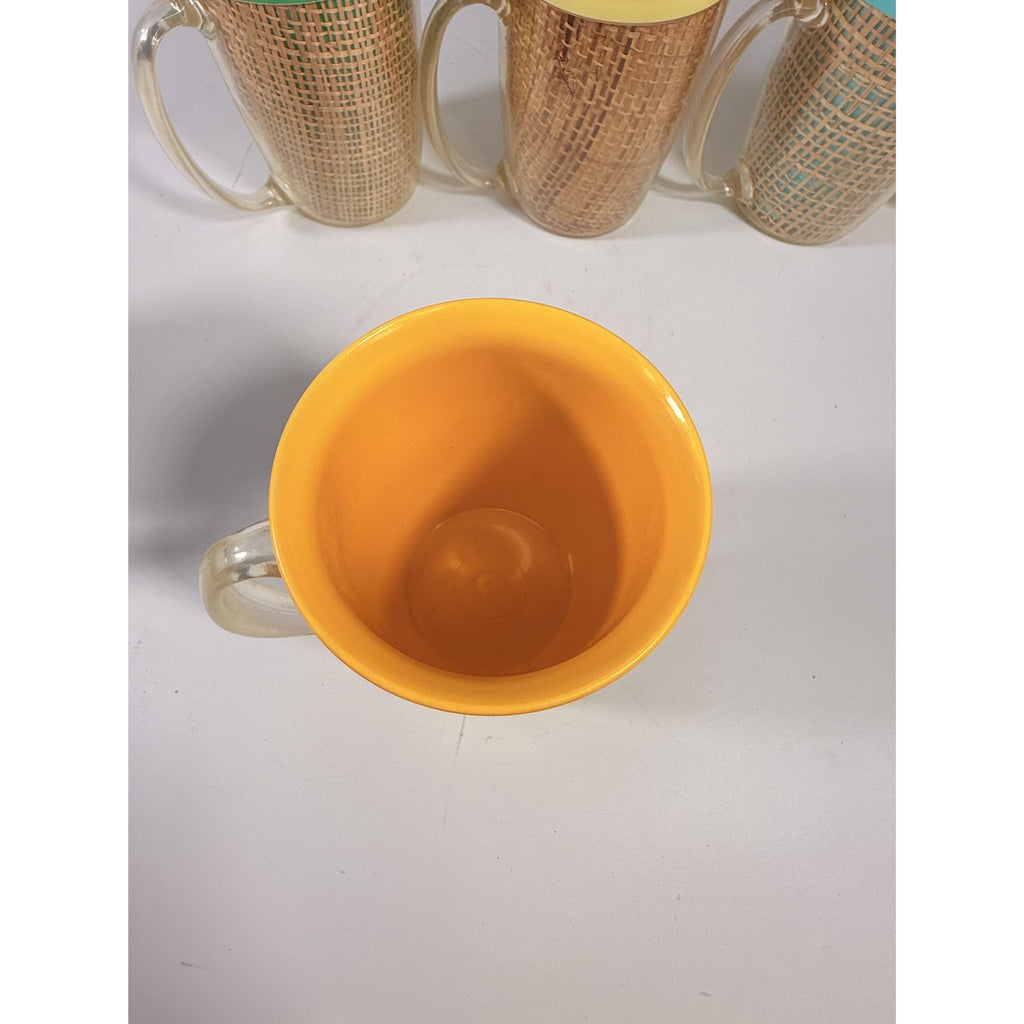 Coffee Mugs Raffiaware Thermal Insulated Melmac Burlap 4.5” Pastels MCM Set of 9 Clear Handle Tiki Barware Serveware Mid Century Kitchen