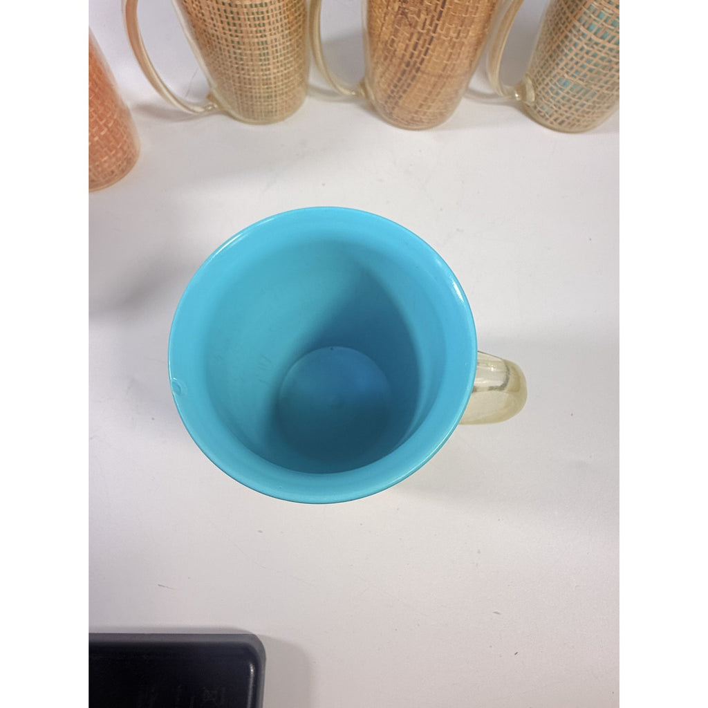 Coffee Mugs Raffiaware Thermal Insulated Melmac Burlap 4.5” Pastels MCM Set of 9 Clear Handle Tiki Barware Serveware Mid Century Kitchen