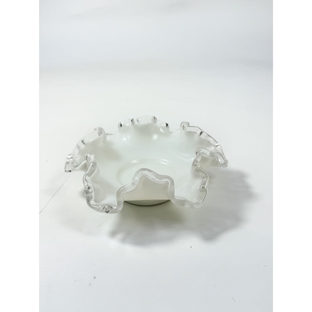 Crimped Ruffled Edge Bon Bon Dish Bowl White Milk Grass Edge Fenton Silver Crest Collectible Glassware Home Decor Decorative Accents