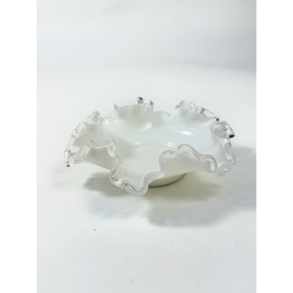 Crimped Ruffled Edge Bon Bon Dish Bowl White Milk Grass Edge Fenton Silver Crest Collectible Glassware Home Decor Decorative Accents