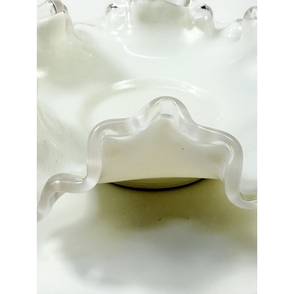 Crimped Ruffled Edge Bon Bon Dish Bowl White Milk Grass Edge Fenton Silver Crest Collectible Glassware Home Decor Decorative Accents