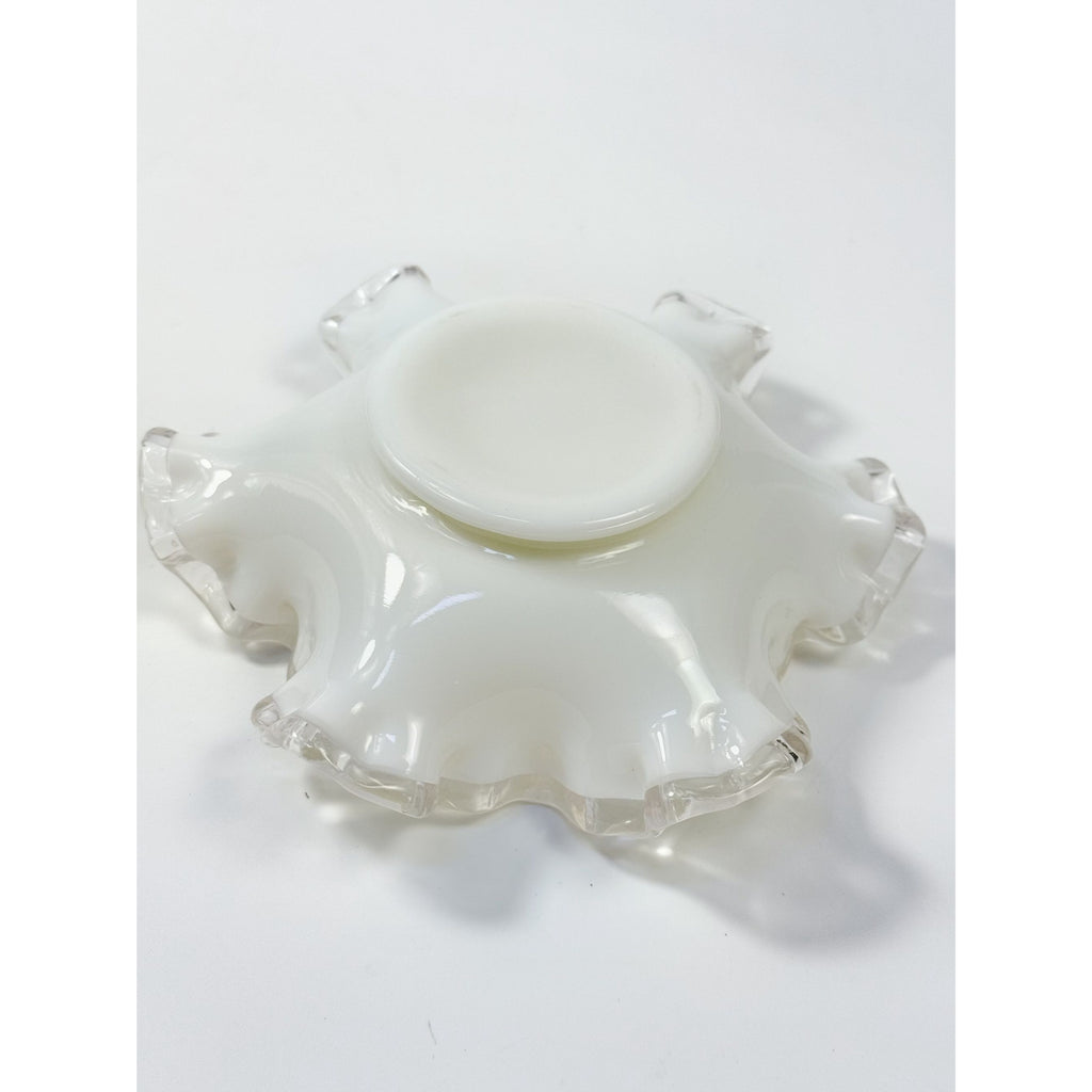 Crimped Ruffled Edge Bon Bon Dish Bowl White Milk Grass Edge Fenton Silver Crest Collectible Glassware Home Decor Decorative Accents