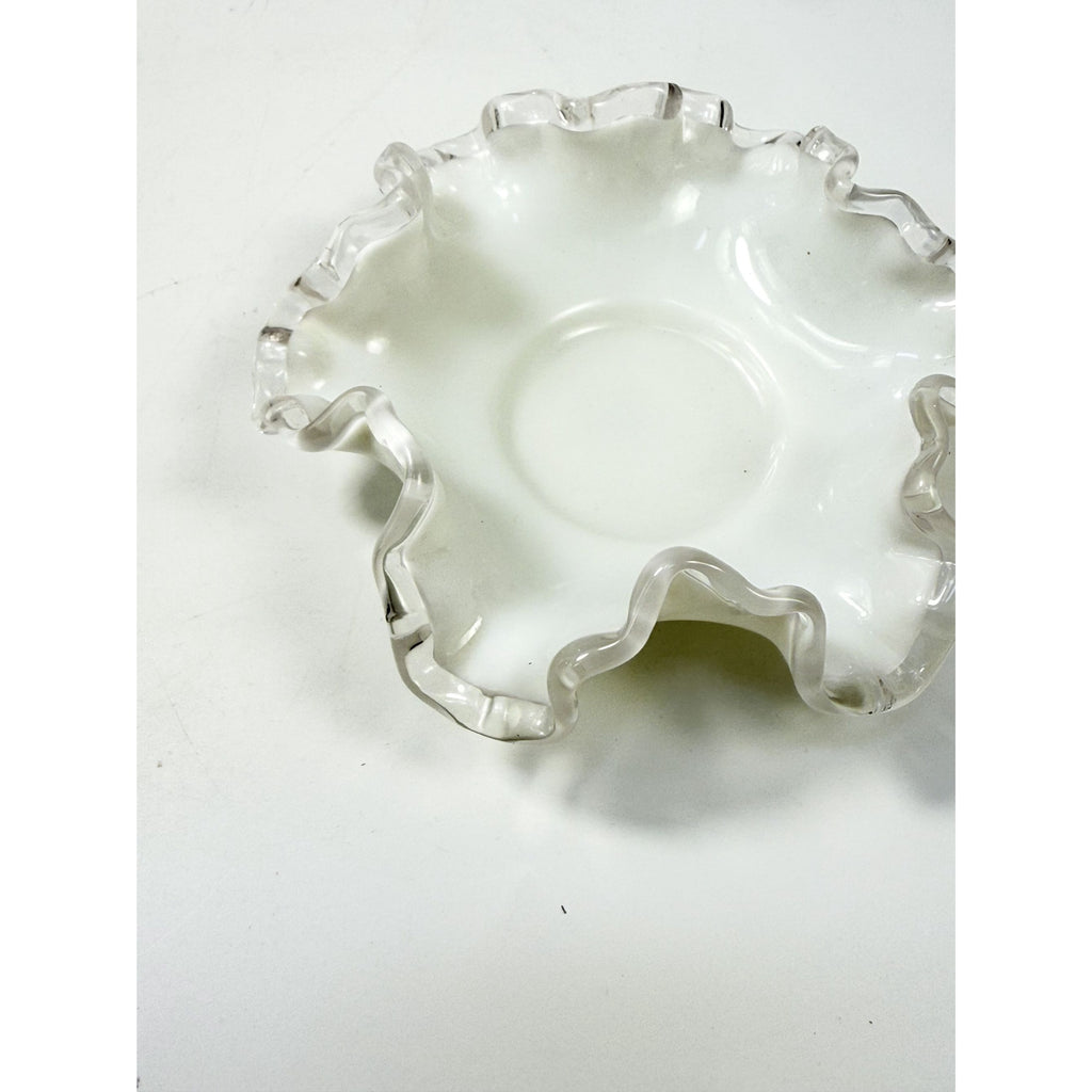 Crimped Ruffled Edge Bon Bon Dish Bowl White Milk Grass Edge Fenton Silver Crest Collectible Glassware Home Decor Decorative Accents