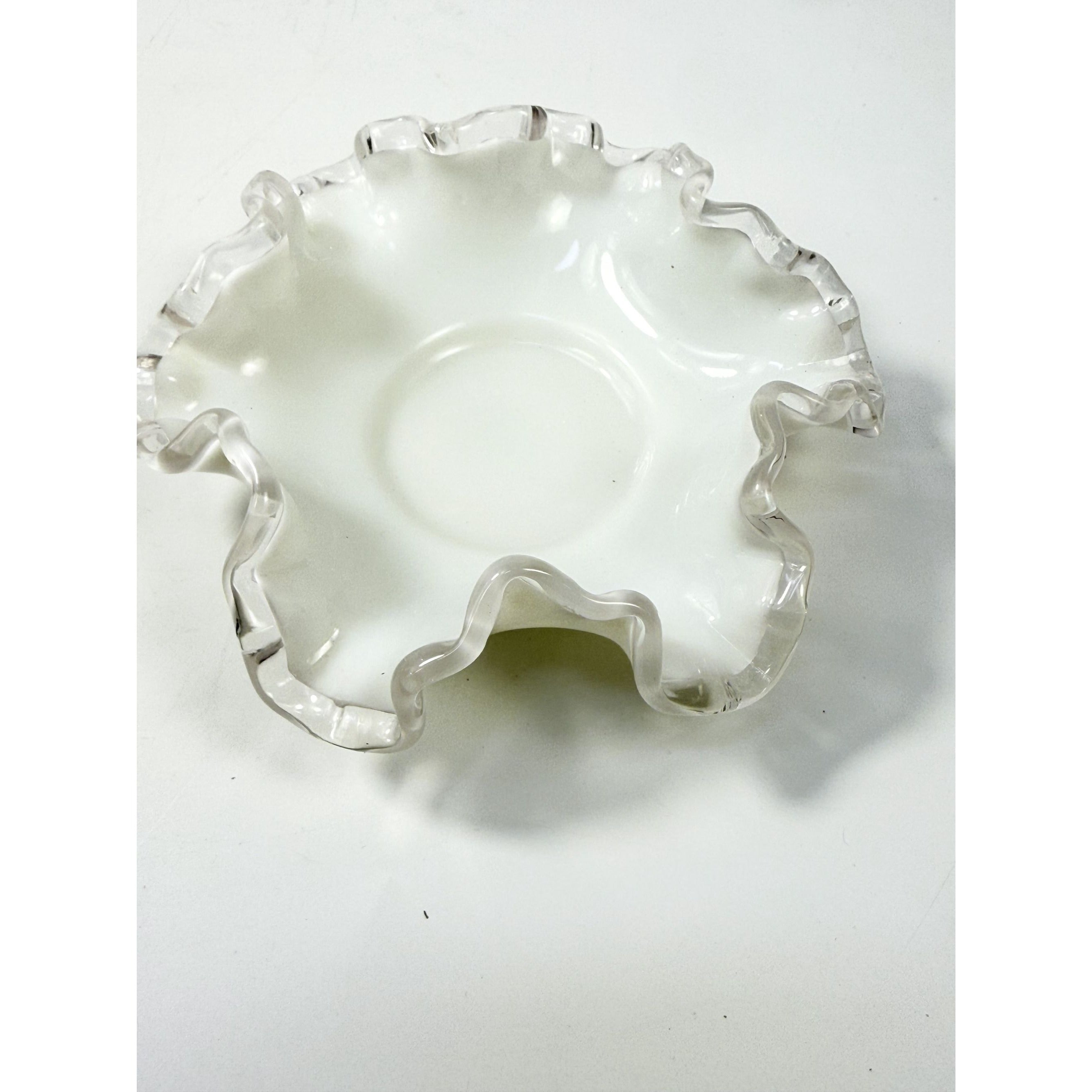 Crimped Ruffled Edge Bon Bon Dish Bowl White Milk Grass Edge Fenton Silver Crest Collectible Glassware Home Decor Decorative Accents