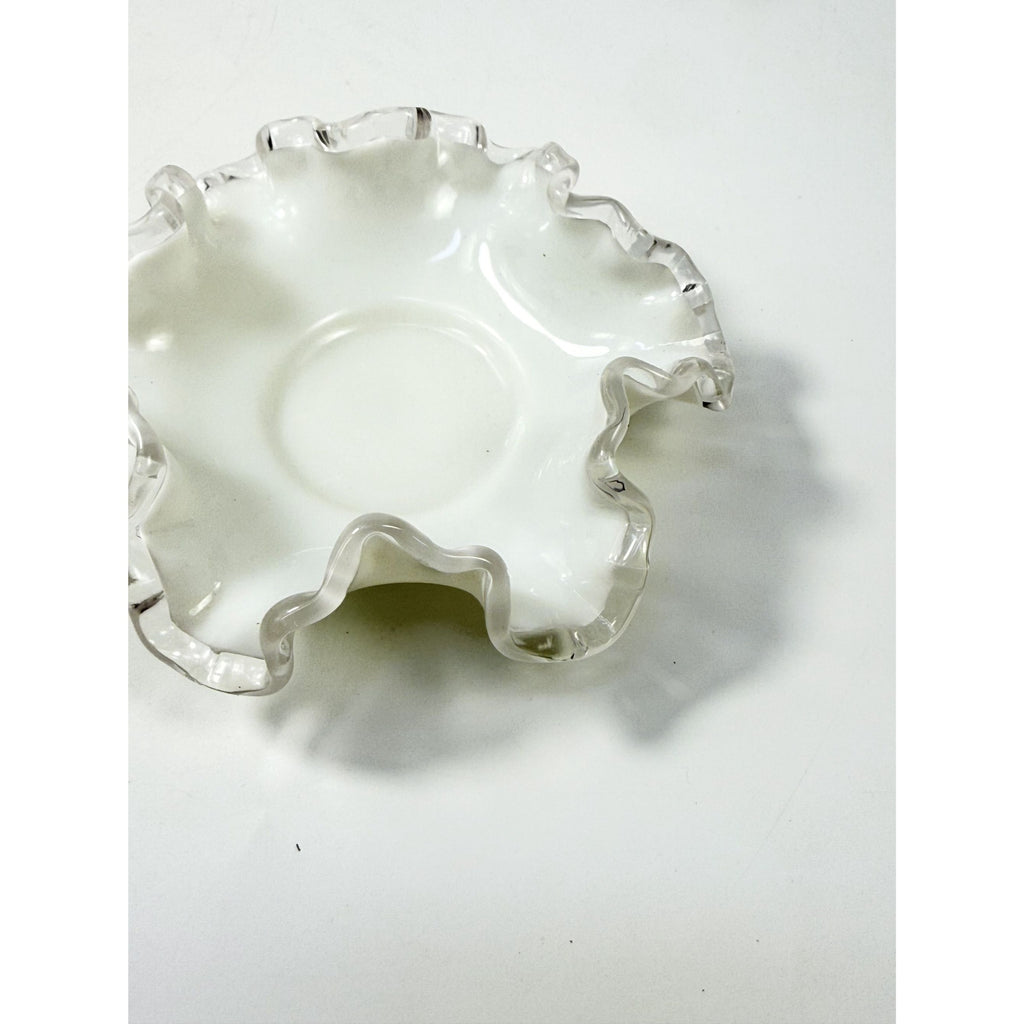 Crimped Ruffled Edge Bon Bon Dish Bowl White Milk Grass Edge Fenton Silver Crest Collectible Glassware Home Decor Decorative Accents