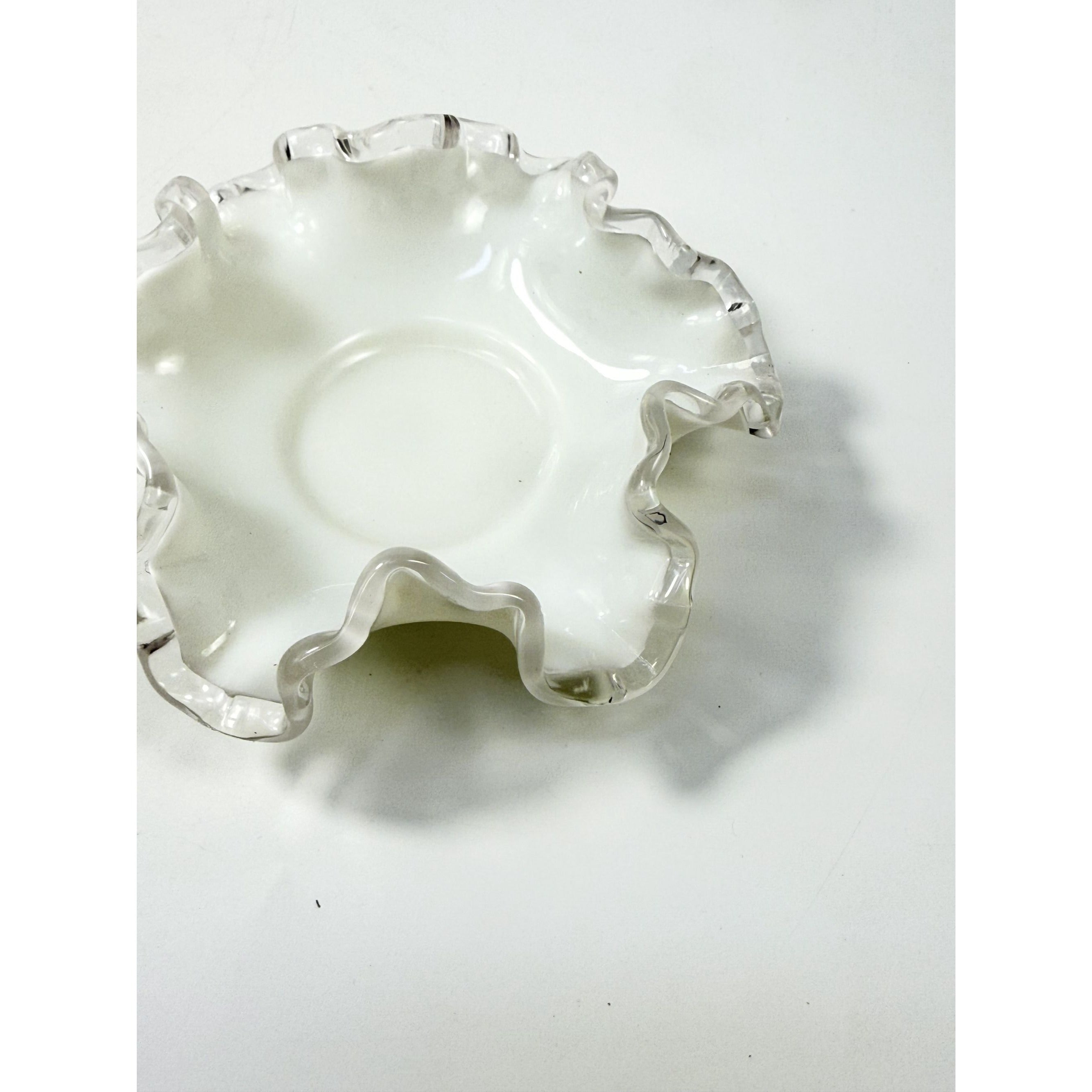 Crimped Ruffled Edge Bon Bon Dish Bowl White Milk Grass Edge Fenton Silver Crest Collectible Glassware Home Decor Decorative Accents