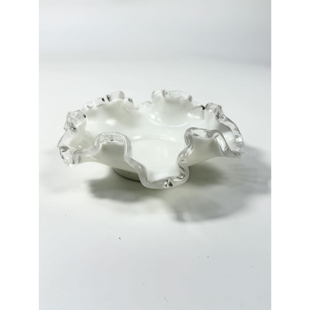 Crimped Ruffled Edge Bon Bon Dish Bowl White Milk Grass Edge Fenton Silver Crest Collectible Glassware Home Decor Decorative Accents