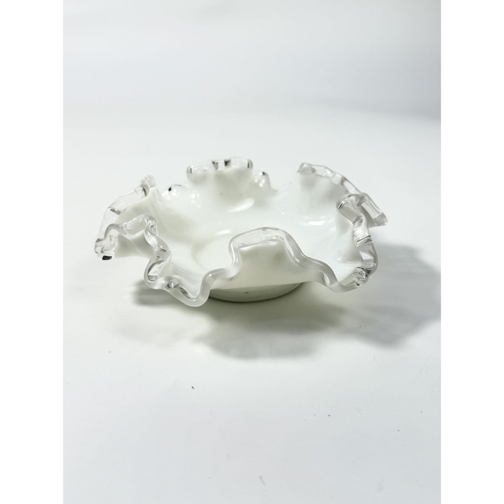 Crimped Ruffled Edge Bon Bon Dish Bowl White Milk Grass Edge Fenton Silver Crest Collectible Glassware Home Decor Decorative Accents