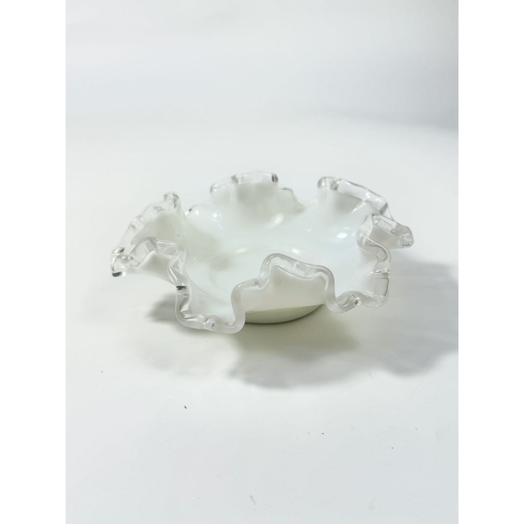 Crimped Ruffled Edge Bon Bon Dish Bowl White Milk Grass Edge Fenton Silver Crest Collectible Glassware Home Decor Decorative Accents