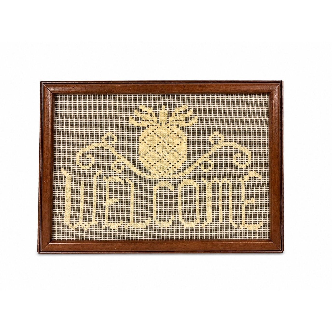 Sampler Welcome Pineapple Wall Art Handmade Darning Filet Crochet Framed Farmhouse Country Primitive Vintage Cottage Granny Core