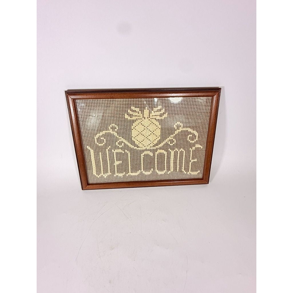 Sampler Welcome Pineapple Wall Art Handmade Darning Filet Crochet Framed Farmhouse Country Primitive Vintage Cottage Granny Core
