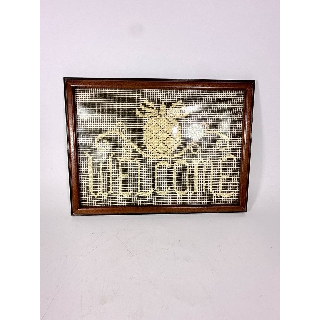Sampler Welcome Pineapple Wall Art Handmade Darning Filet Crochet Framed Farmhouse Country Primitive Vintage Cottage Granny Core