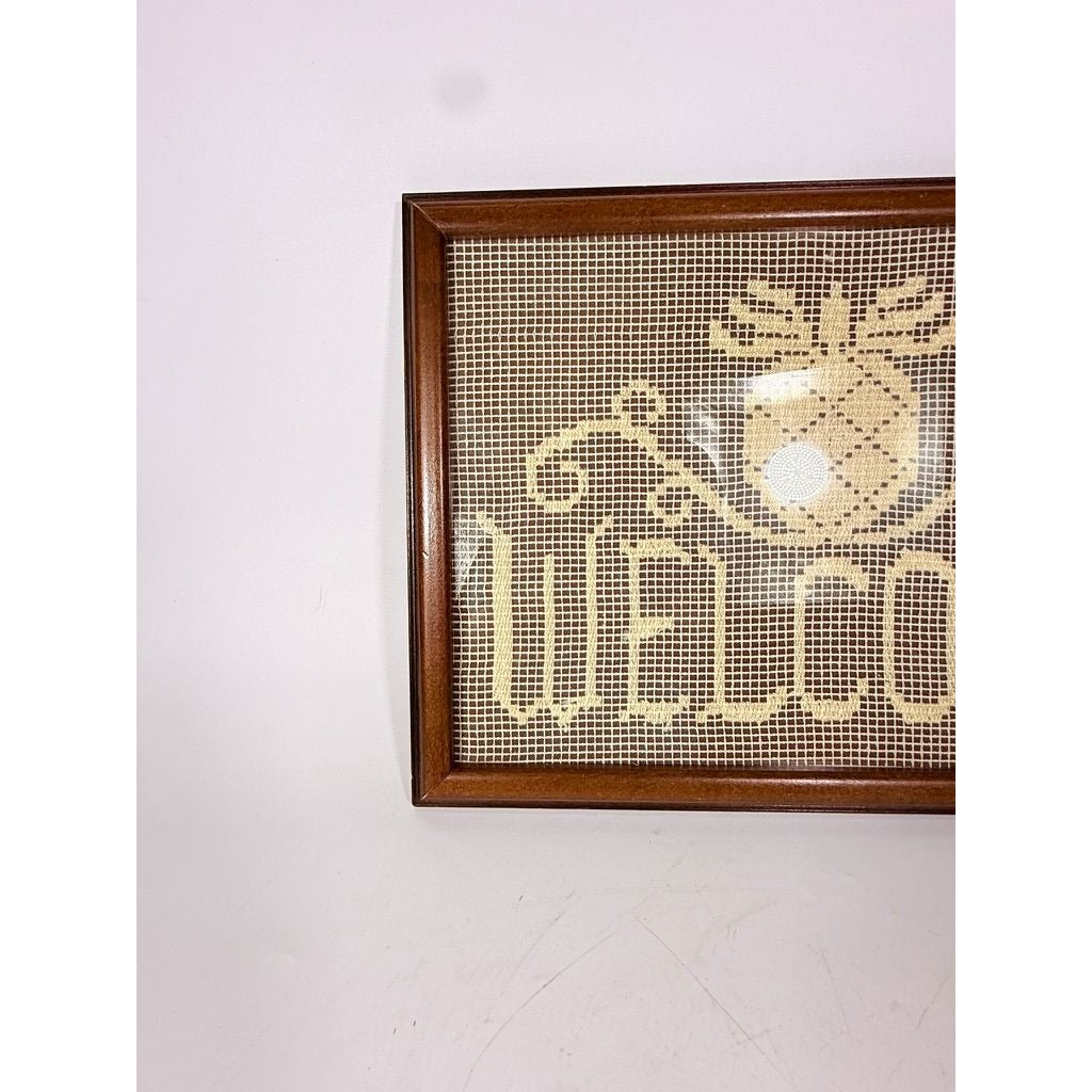 Sampler Welcome Pineapple Wall Art Handmade Darning Filet Crochet Framed Farmhouse Country Primitive Vintage Cottage Granny Core