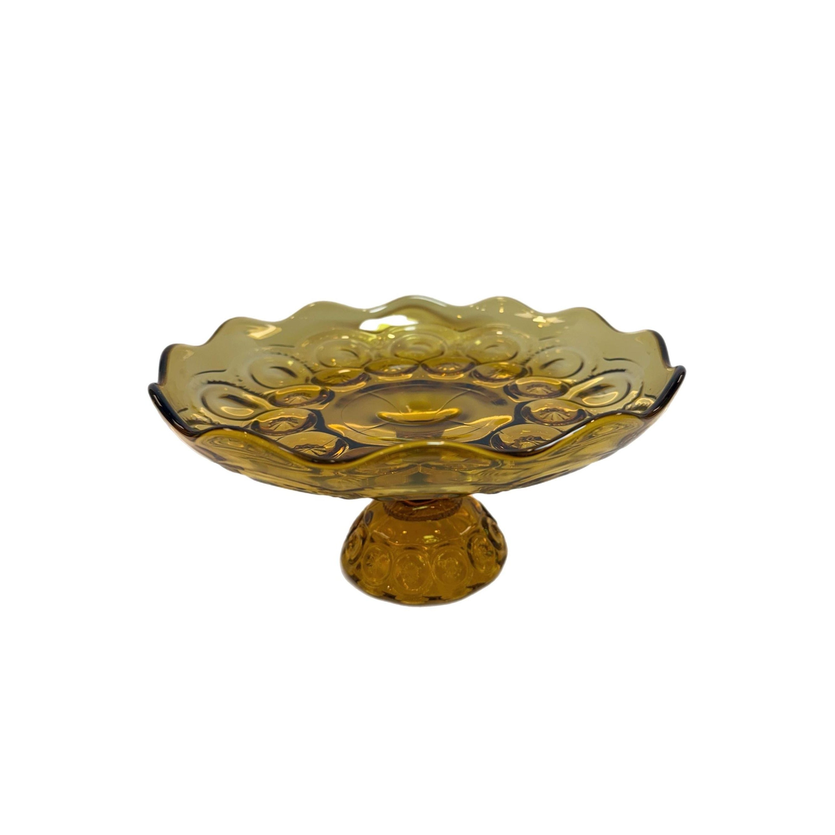 Footed Cake Plate Compote LE Smith Amber Moon & Stars |  Scalloped Ruffled Edge Pedestal Pressed Glass Orange | Mid Century Glassware