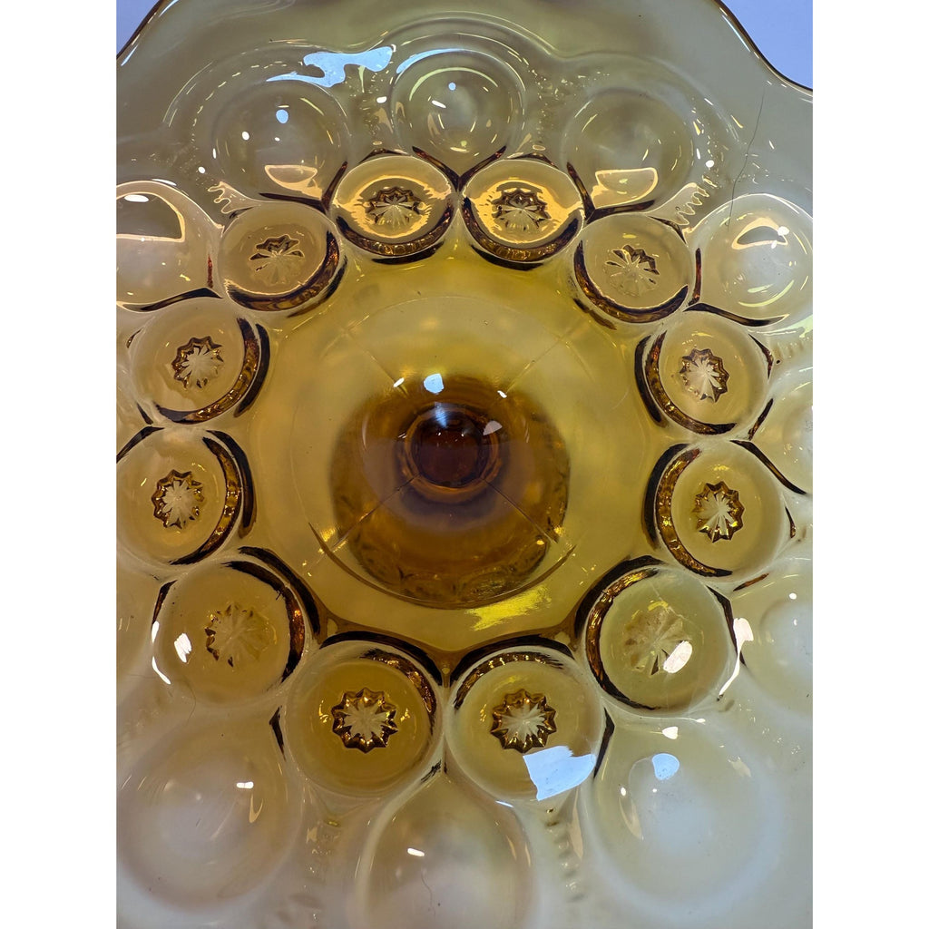 Footed Cake Plate Compote LE Smith Amber Moon & Stars |  Scalloped Ruffled Edge Pedestal Pressed Glass Orange | Mid Century Glassware