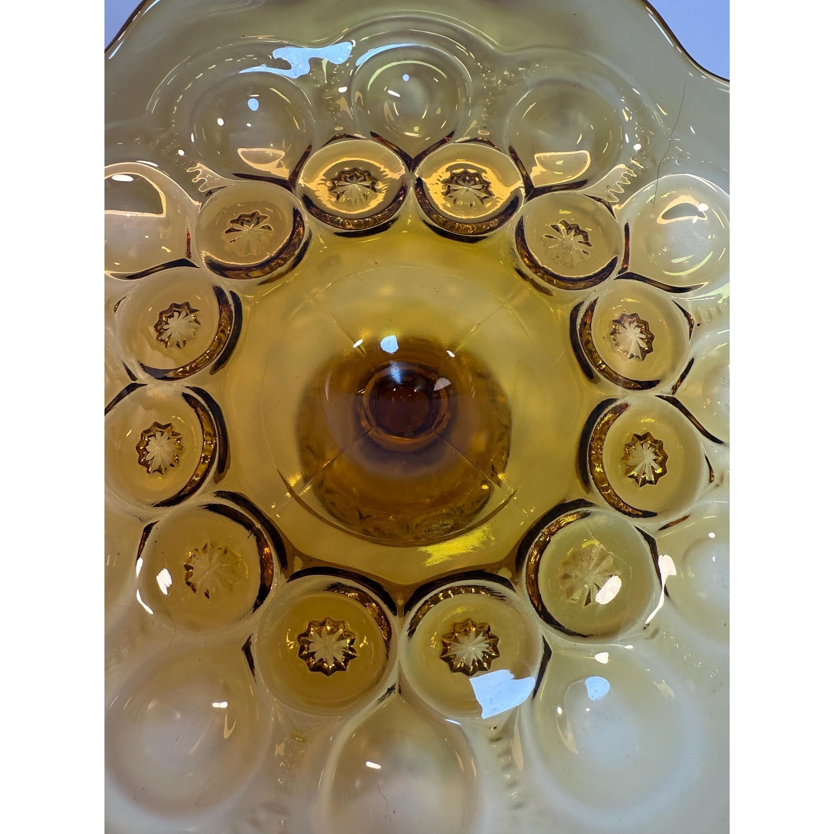 Footed Cake Plate Compote LE Smith Amber Moon & Stars |  Scalloped Ruffled Edge Pedestal Pressed Glass Orange | Mid Century Glassware