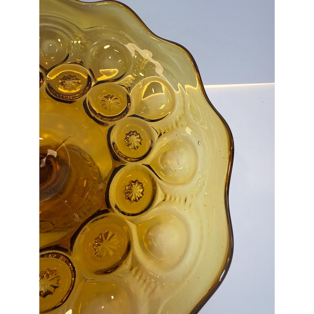 Footed Cake Plate Compote LE Smith Amber Moon & Stars |  Scalloped Ruffled Edge Pedestal Pressed Glass Orange | Mid Century Glassware