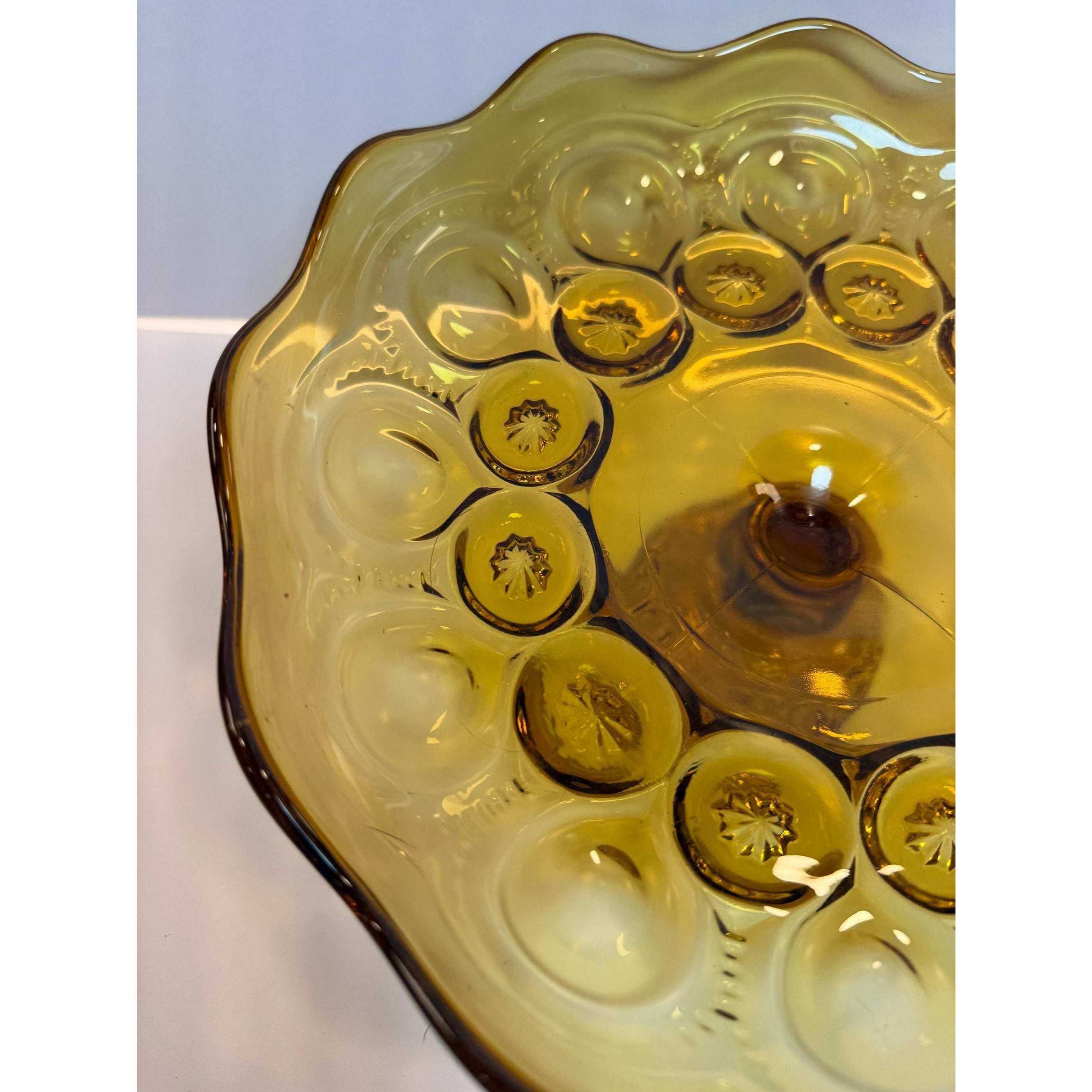 Footed Cake Plate Compote LE Smith Amber Moon & Stars |  Scalloped Ruffled Edge Pedestal Pressed Glass Orange | Mid Century Glassware