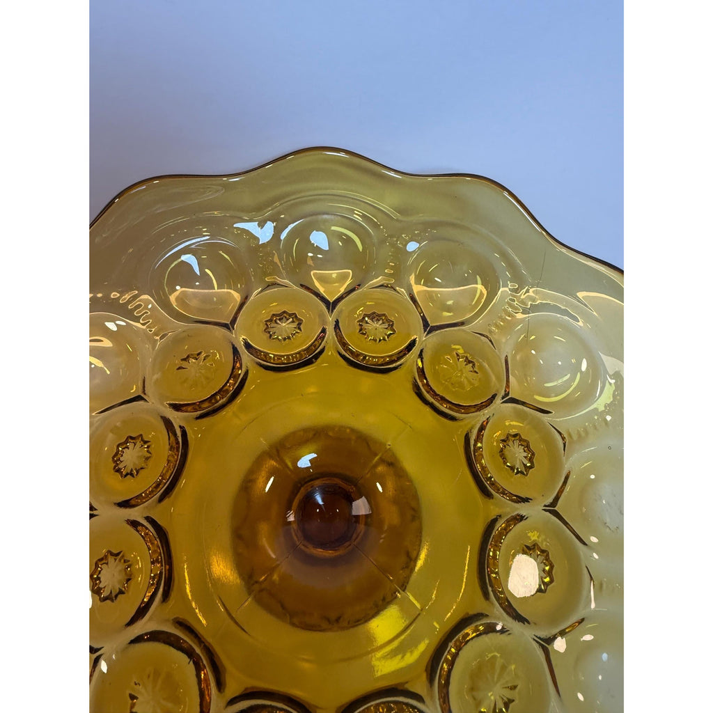 Footed Cake Plate Compote LE Smith Amber Moon & Stars |  Scalloped Ruffled Edge Pedestal Pressed Glass Orange | Mid Century Glassware