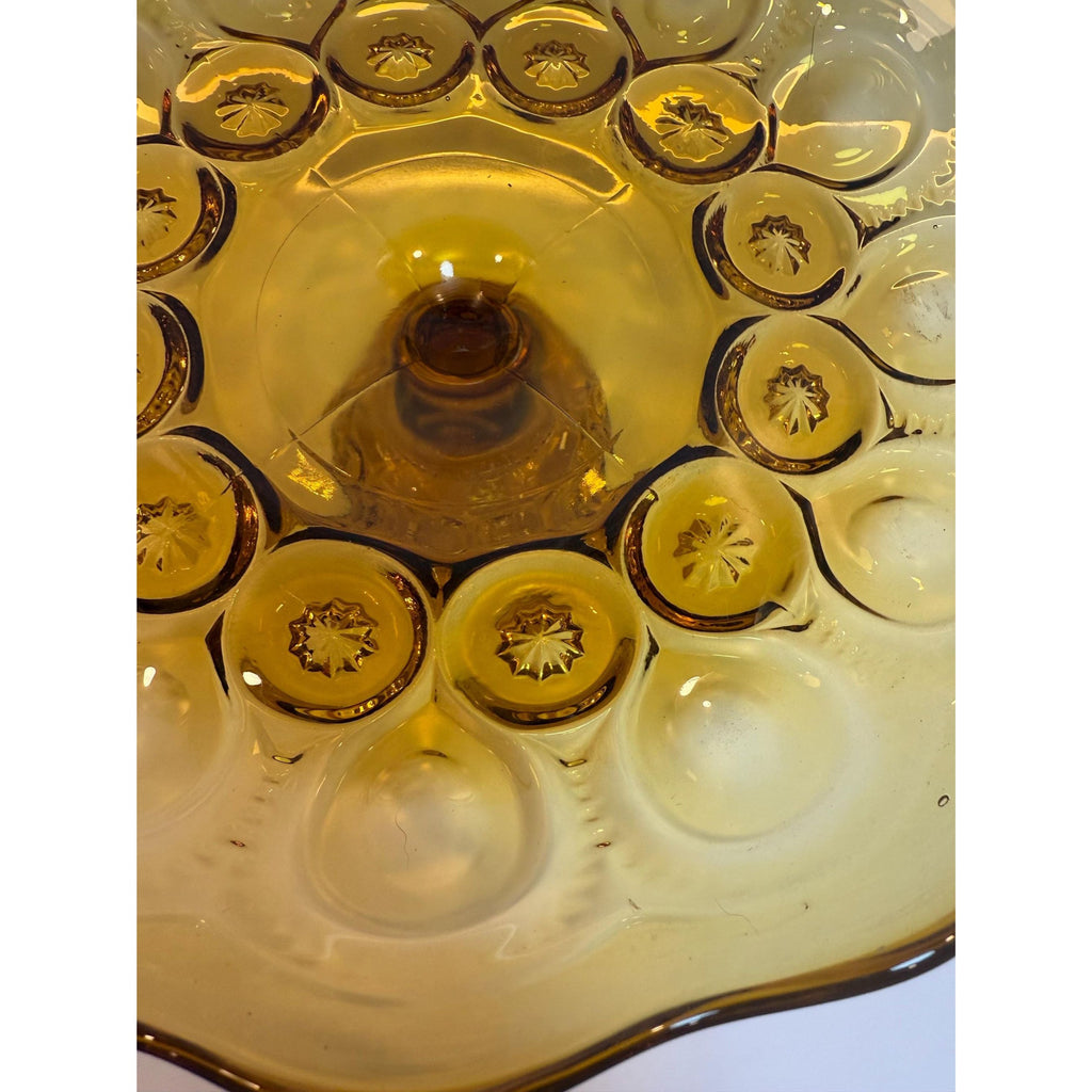 Footed Cake Plate Compote LE Smith Amber Moon & Stars |  Scalloped Ruffled Edge Pedestal Pressed Glass Orange | Mid Century Glassware