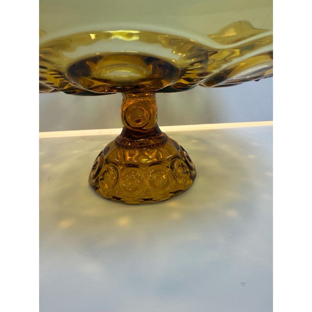 Footed Cake Plate Compote LE Smith Amber Moon & Stars |  Scalloped Ruffled Edge Pedestal Pressed Glass Orange | Mid Century Glassware