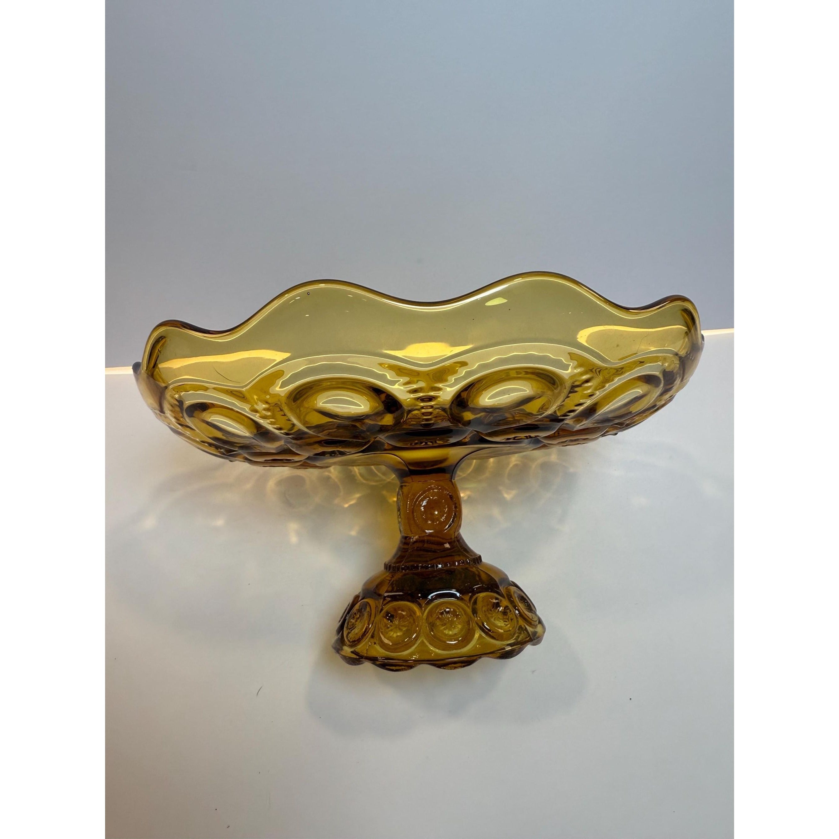 Footed Cake Plate Compote LE Smith Amber Moon & Stars |  Scalloped Ruffled Edge Pedestal Pressed Glass Orange | Mid Century Glassware