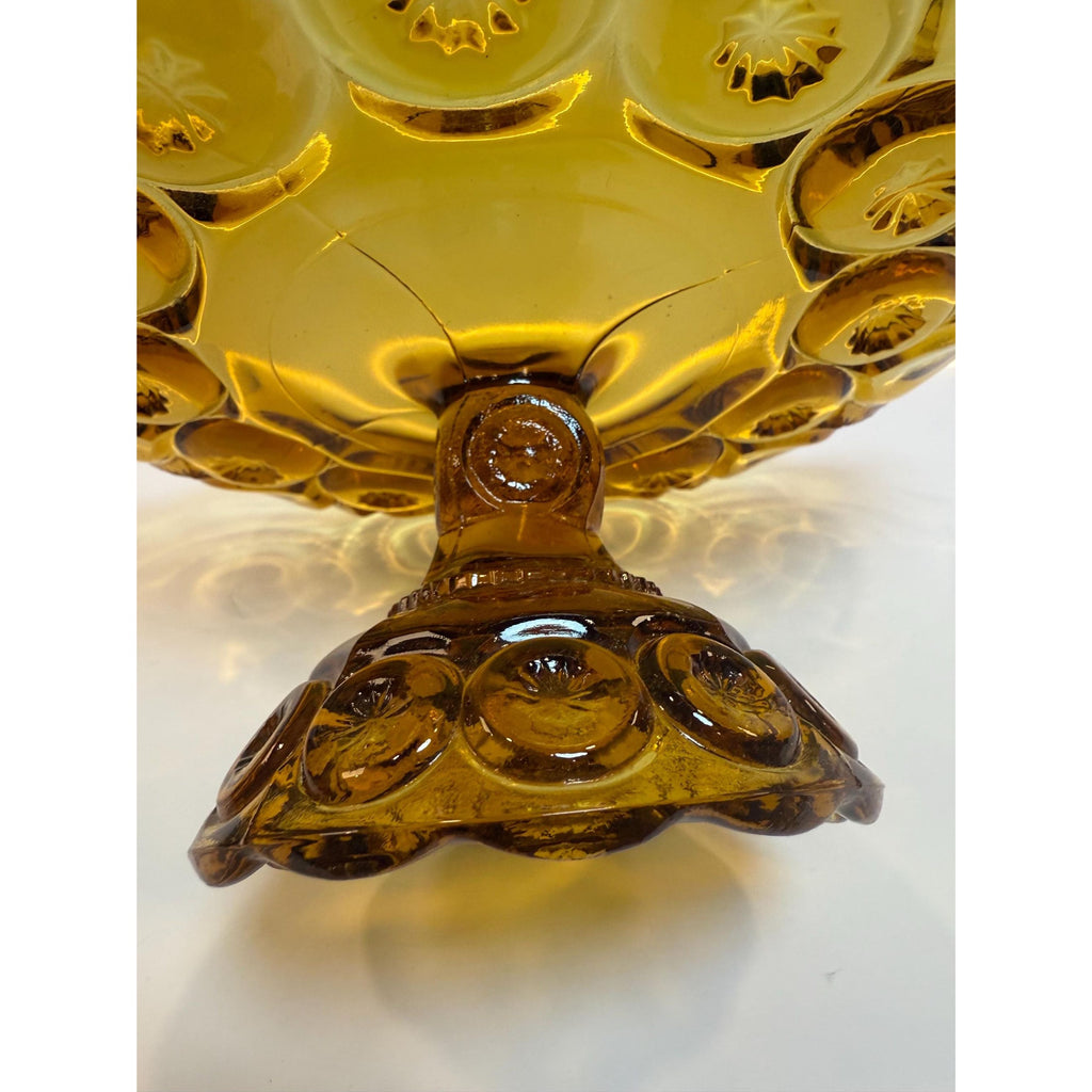 Footed Cake Plate Compote LE Smith Amber Moon & Stars |  Scalloped Ruffled Edge Pedestal Pressed Glass Orange | Mid Century Glassware