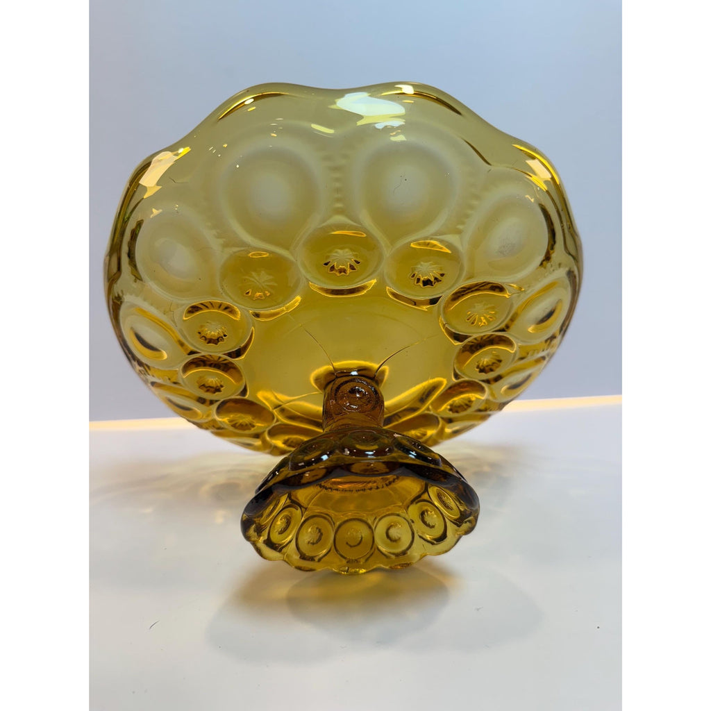 Footed Cake Plate Compote LE Smith Amber Moon & Stars |  Scalloped Ruffled Edge Pedestal Pressed Glass Orange | Mid Century Glassware