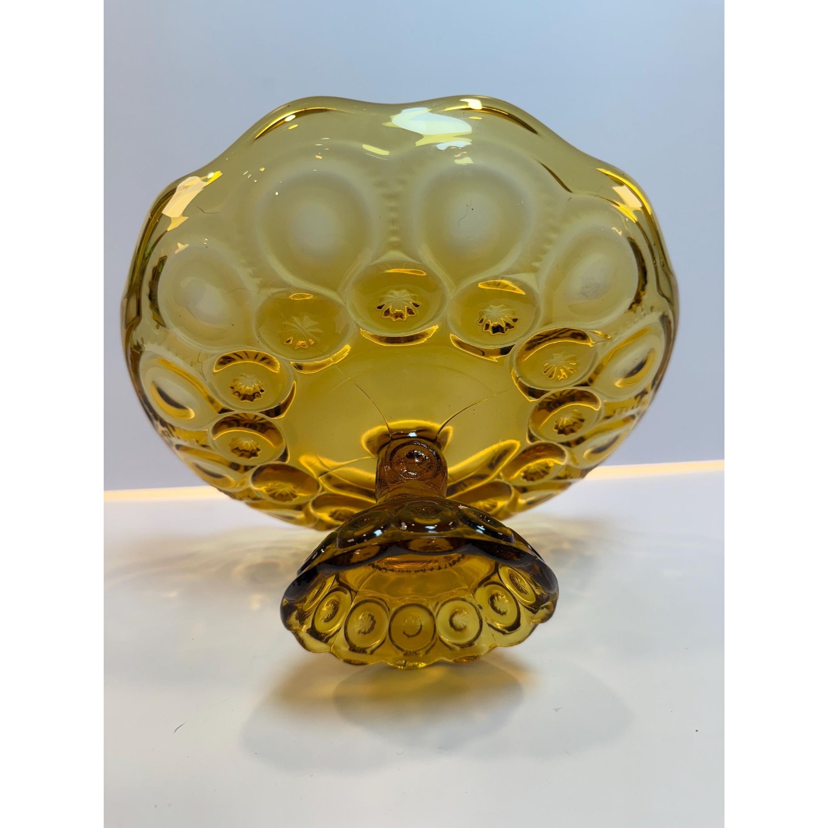 Footed Cake Plate Compote LE Smith Amber Moon & Stars |  Scalloped Ruffled Edge Pedestal Pressed Glass Orange | Mid Century Glassware