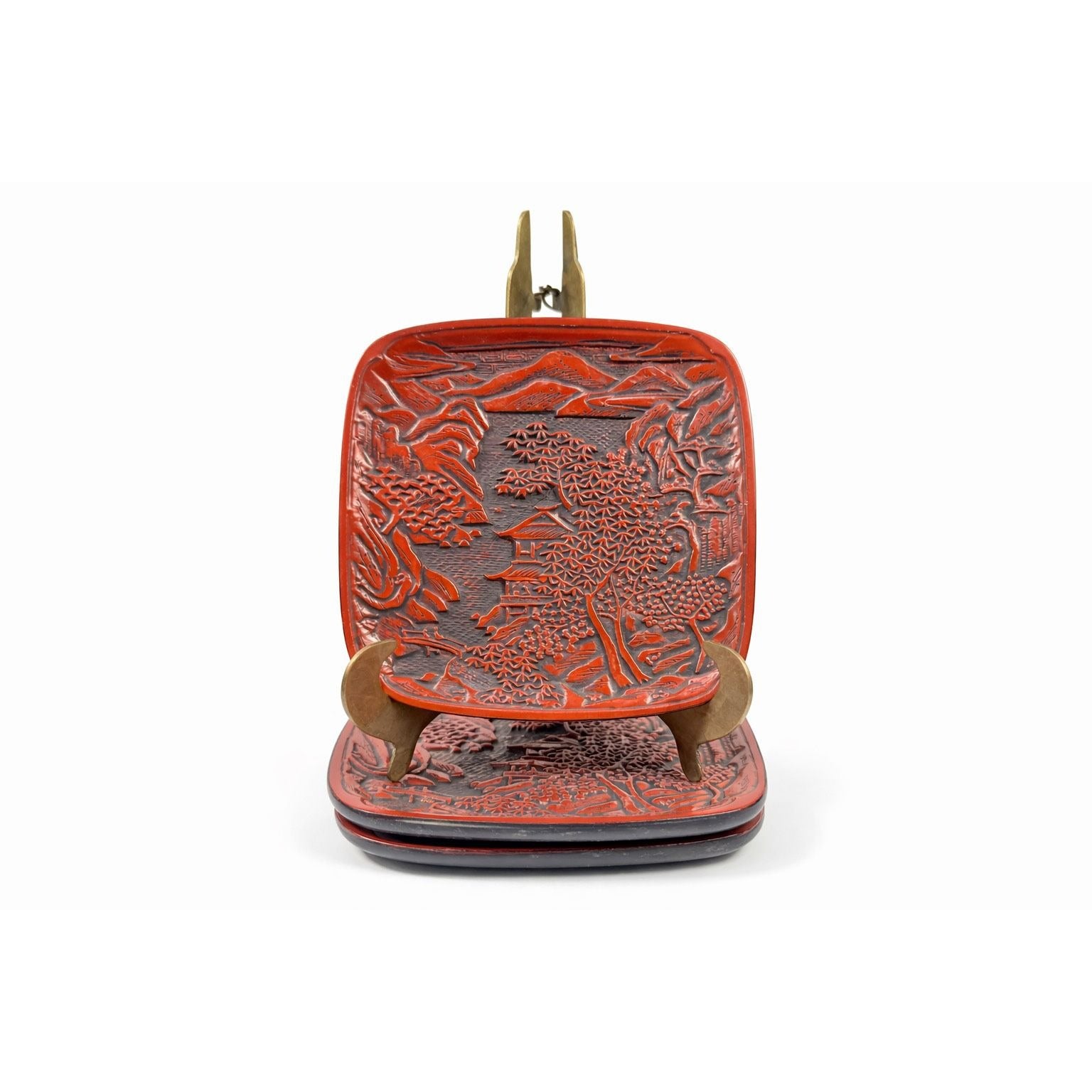 Appitizer Plates Set 3 Vintage Japanese Cinnabar Lacquer Ware Oriental Pagoda Gallery Wall Decor Traiditional Chiniosiere Replacement China