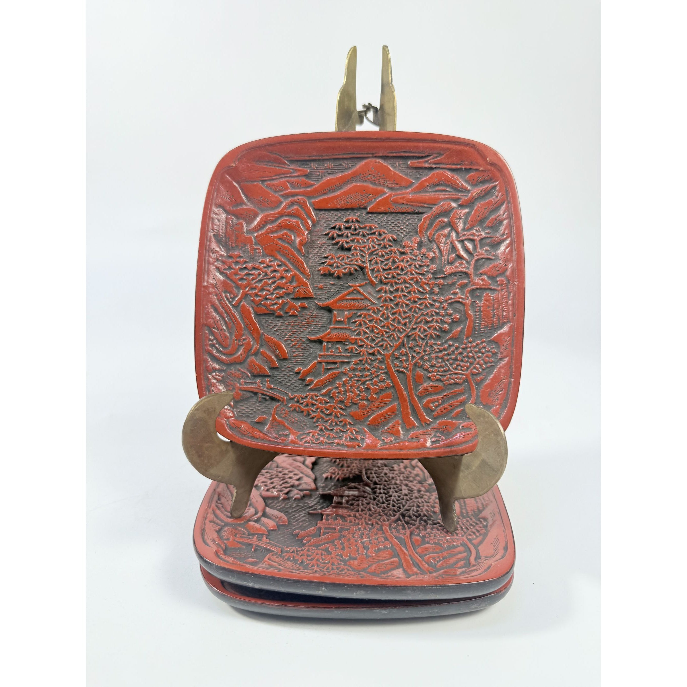 Appitizer Plates Set 3 Vintage Japanese Cinnabar Lacquer Ware Oriental Pagoda Gallery Wall Decor Traiditional Chiniosiere Replacement China