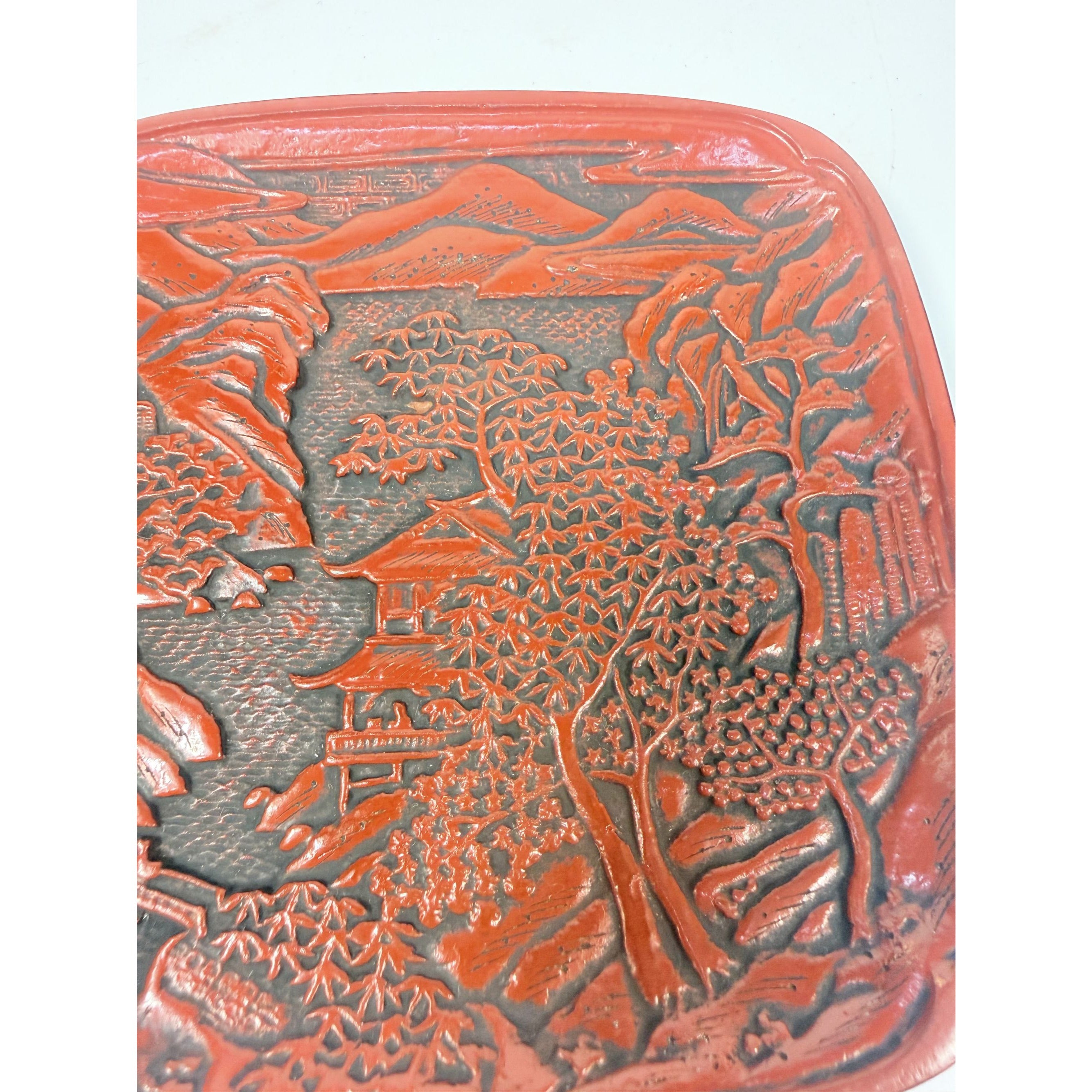 Appitizer Plates Set 3 Vintage Japanese Cinnabar Lacquer Ware Oriental Pagoda Gallery Wall Decor Traiditional Chiniosiere Replacement China