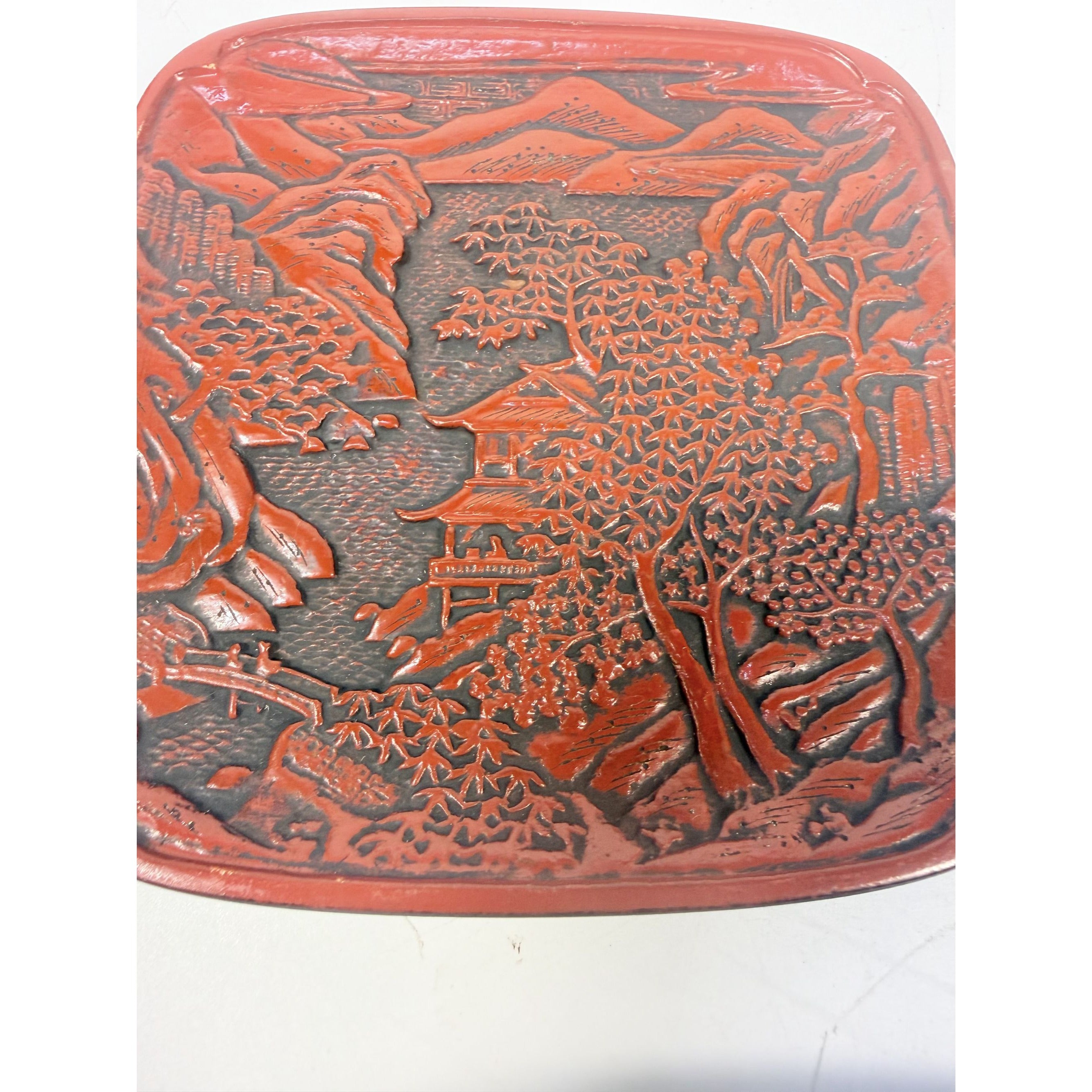 Appitizer Plates Set 3 Vintage Japanese Cinnabar Lacquer Ware Oriental Pagoda Gallery Wall Decor Traiditional Chiniosiere Replacement China