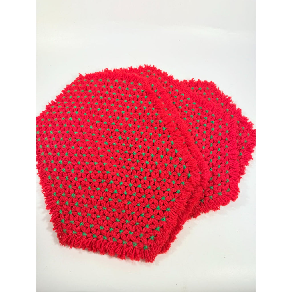 Christmas Table Placemats Hand Crocheted Red and Green Flowers Set 4 Mid Century Floral Tablescape Setting Holiday Seasonal Granny Core