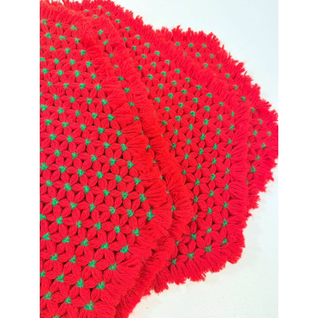 Christmas Table Placemats Hand Crocheted Red and Green Flowers Set 4 Mid Century Floral Tablescape Setting Holiday Seasonal Granny Core