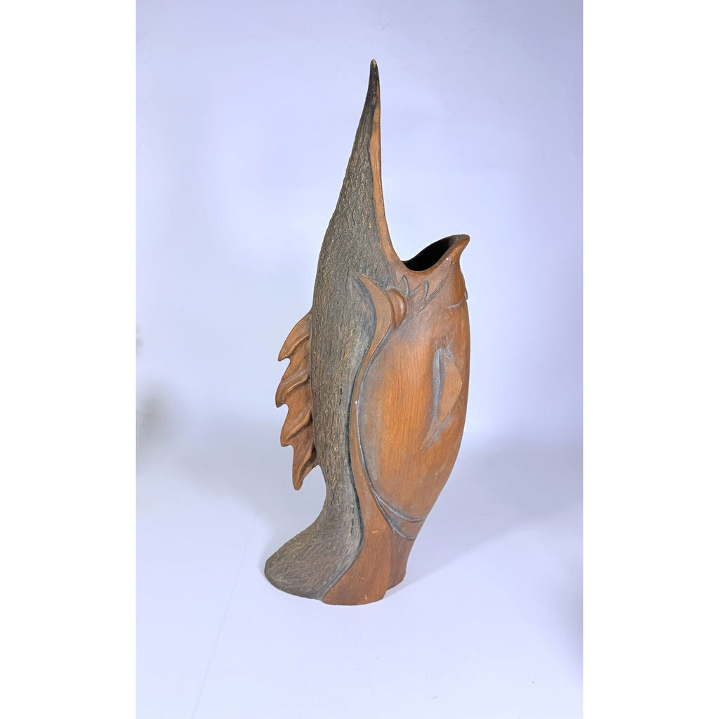 Hand Carved Sculpture Marlin Fish Mid Century Modern Teak Wooden Spearfish Vase Unique Home Decor Decorative Accents Coastal Mancave