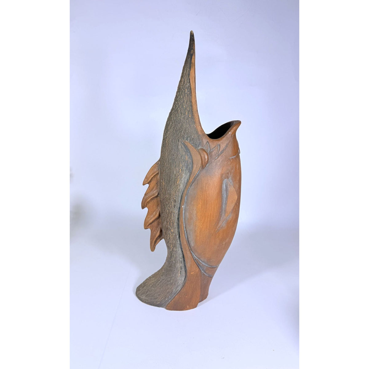 Hand Carved Sculpture Marlin Fish Mid Century Modern Teak Wooden Spearfish Vase Unique Home Decor Decorative Accents Coastal Mancave
