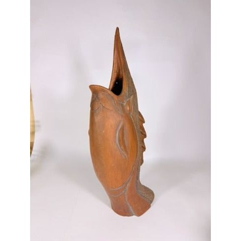 Hand Carved Sculpture Marlin Fish Mid Century Modern Teak Wooden Spearfish Vase Unique Home Decor Decorative Accents Coastal Mancave